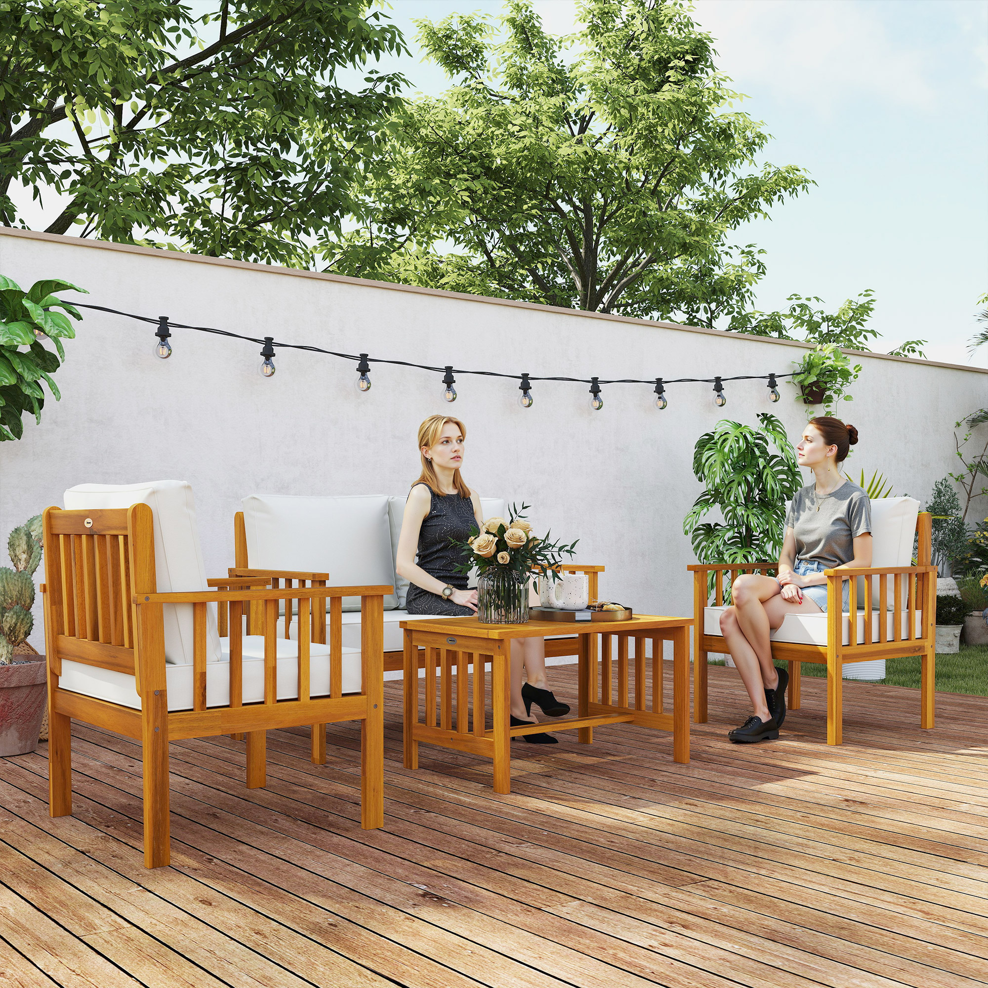 Outsunny Four-Piece Acacia Wood Garden Sofa Set - Teak/Cream