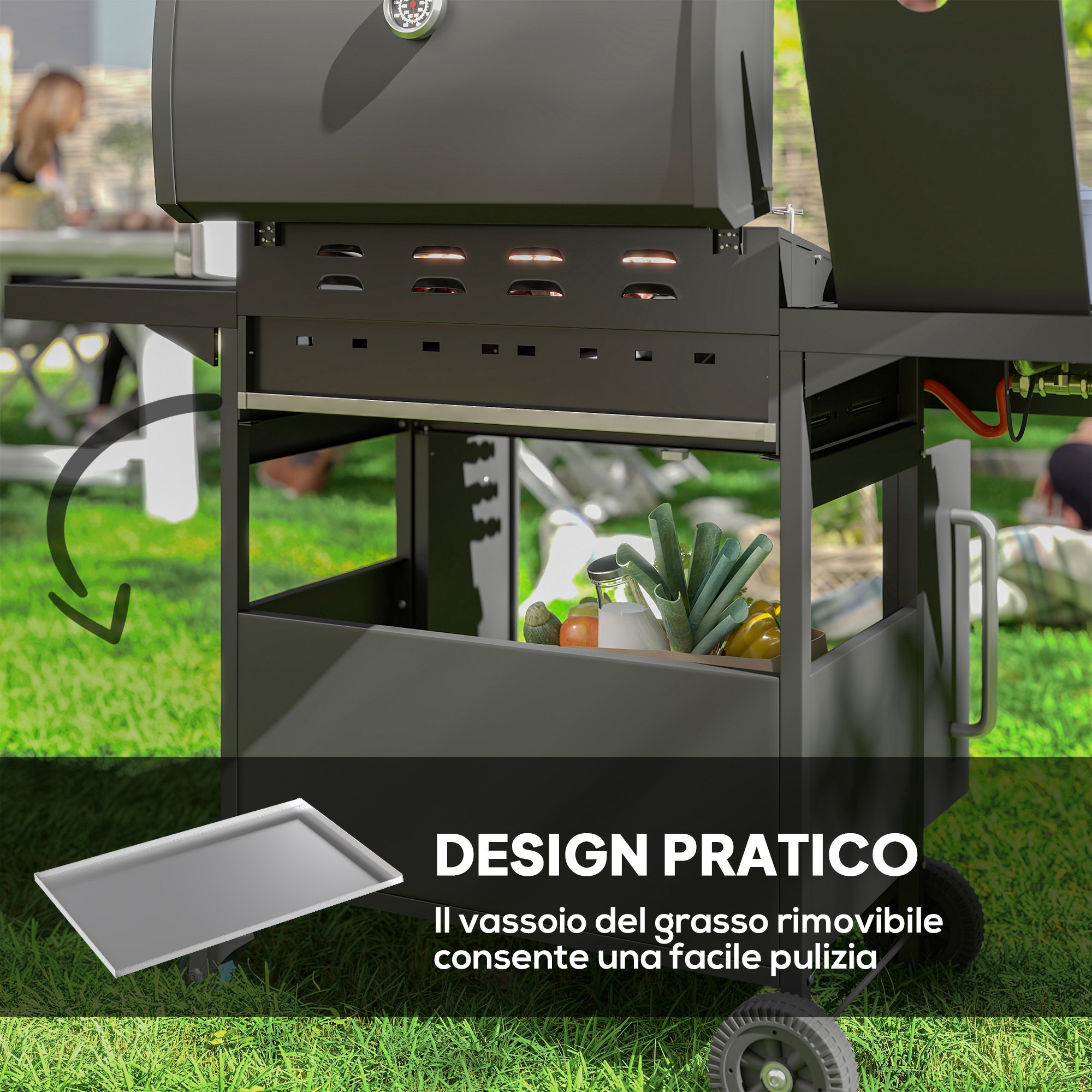 Outsunny Carrello Barbecue Con Piano In Acciaio Inox E Tavolino Laterale - 116x50x93 Cm | Carrello Da Esterno Con Ruote, Ganci E Apribottiglie