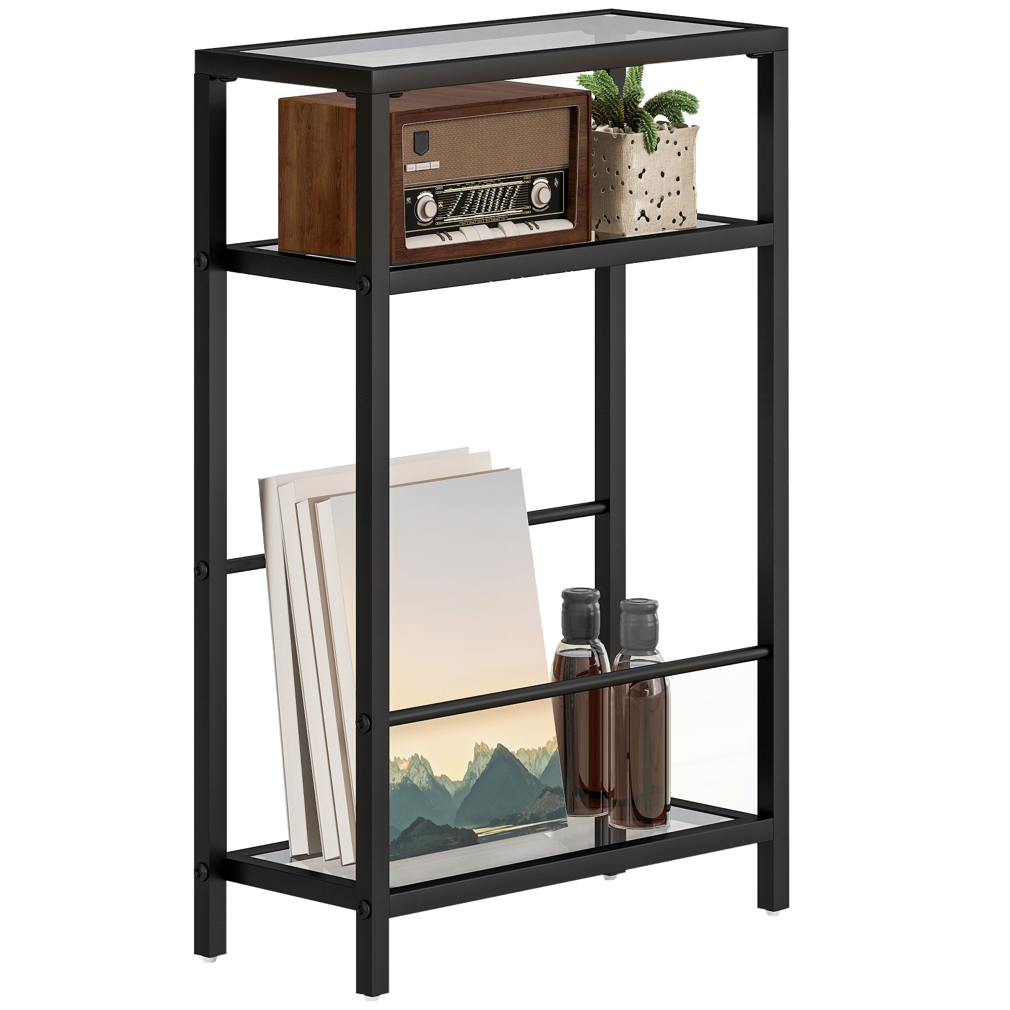 HOMCOM Tavolino da Salotto a 3 Ripiani Compatto in Vetro e Acciaio, 40x18x62 cm, Nero