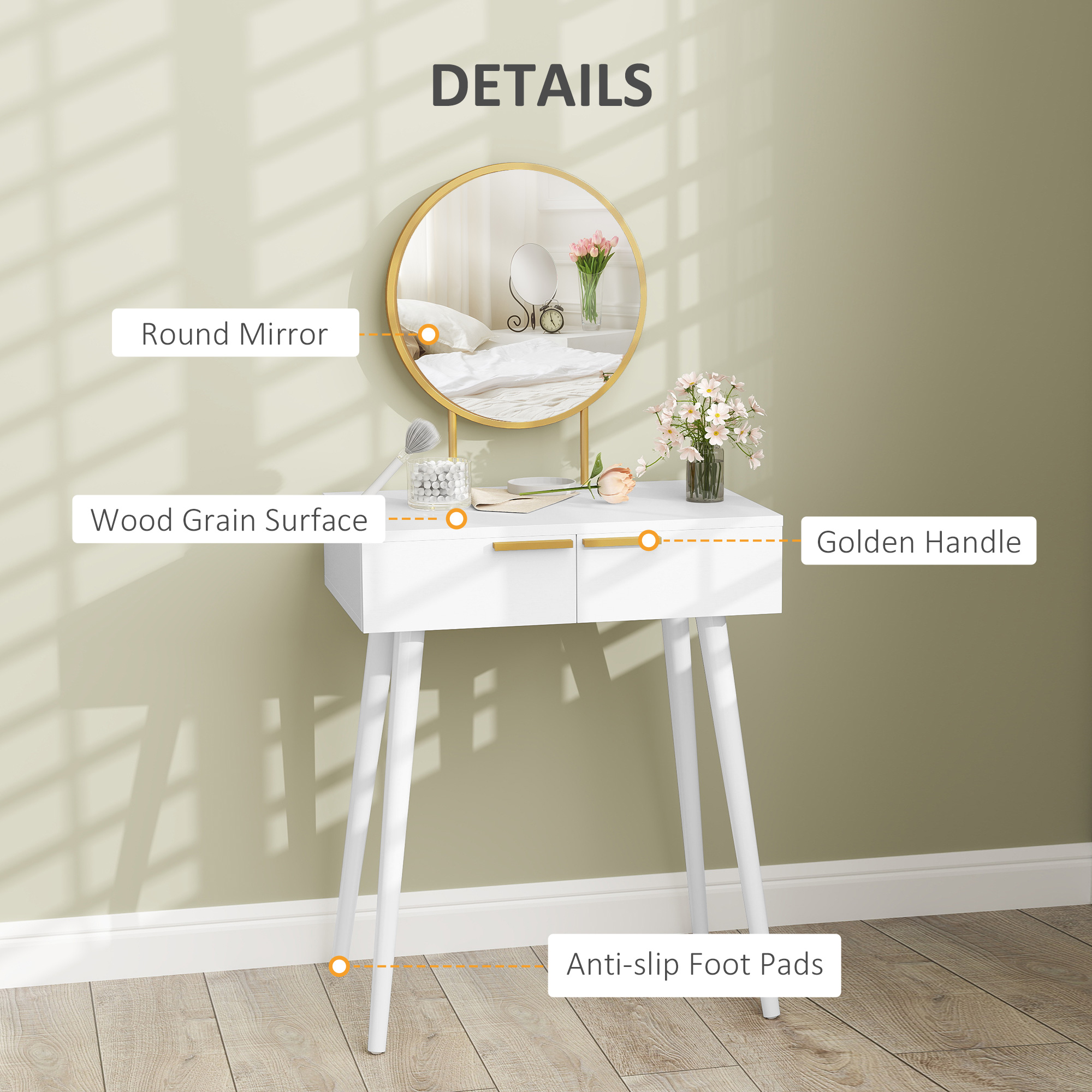 HOMCOM Elegant Dressing Table, with Round Mirror, 60 x 40 x 123 cm White 4
