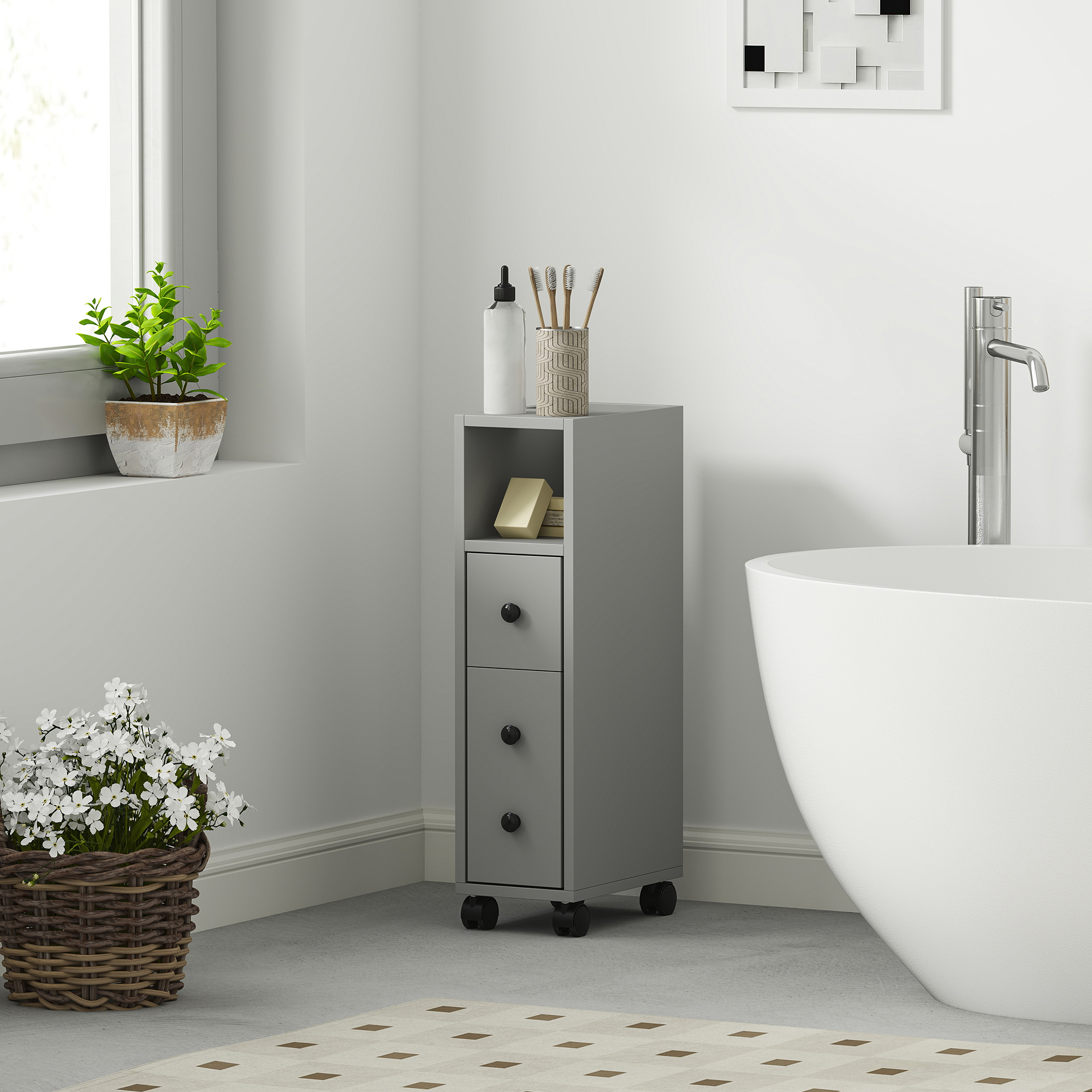 kleankin Slimline Bathroom Storage Cabinet Grey 2