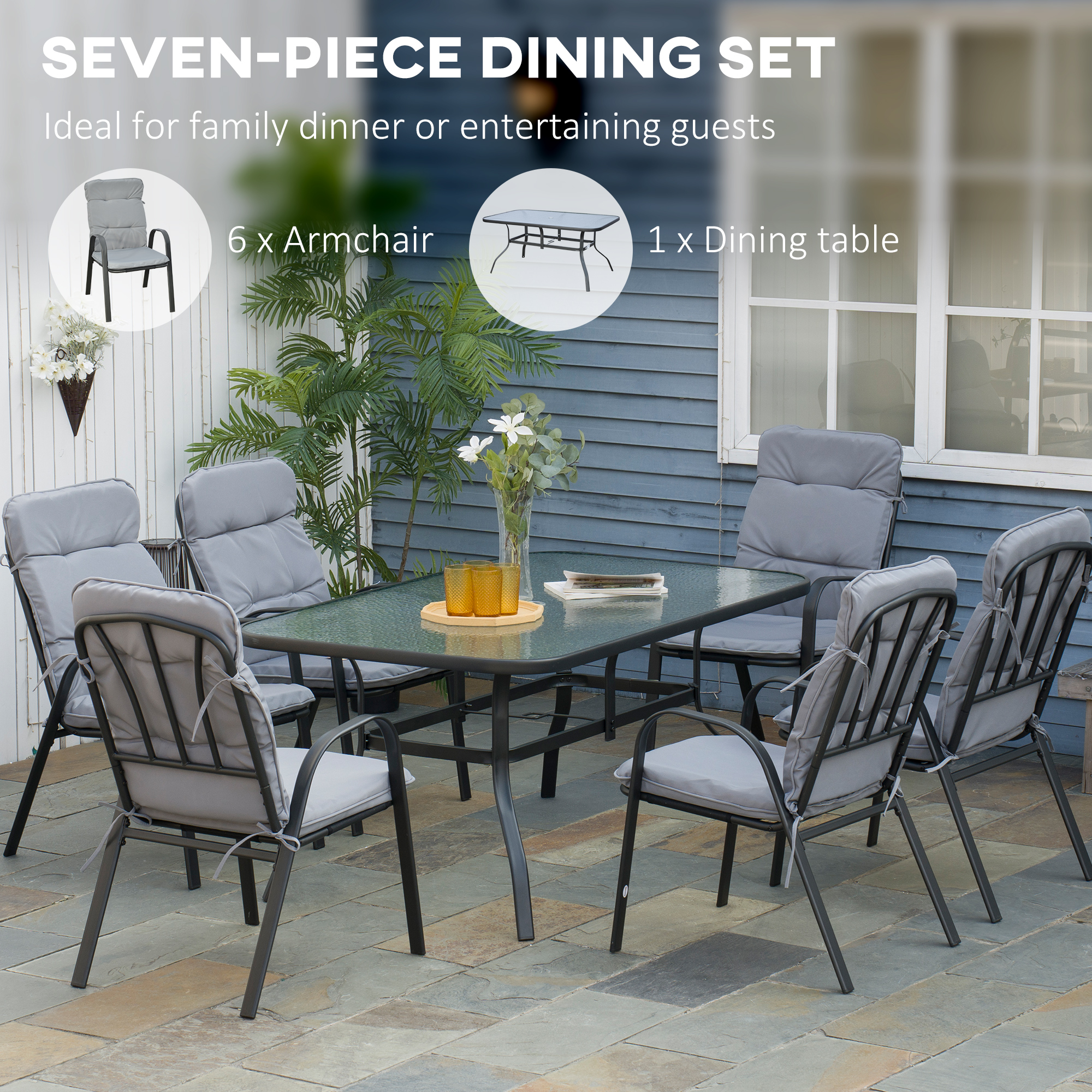 Outsunny Seven-Piece Garden Dining Set with Cushions Grey 5