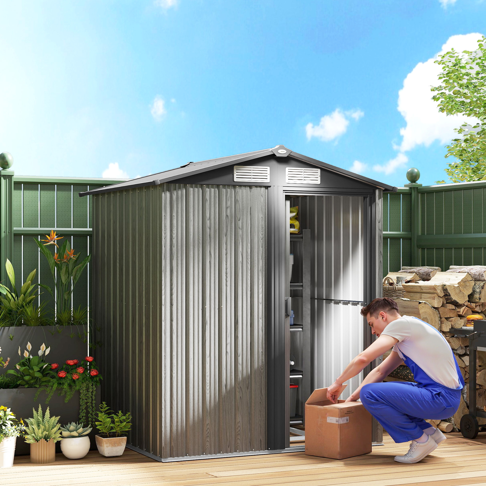 Outsunny 4.3 x 5ft Outdoor Garden Storage Shed Grey Wood Effect 2