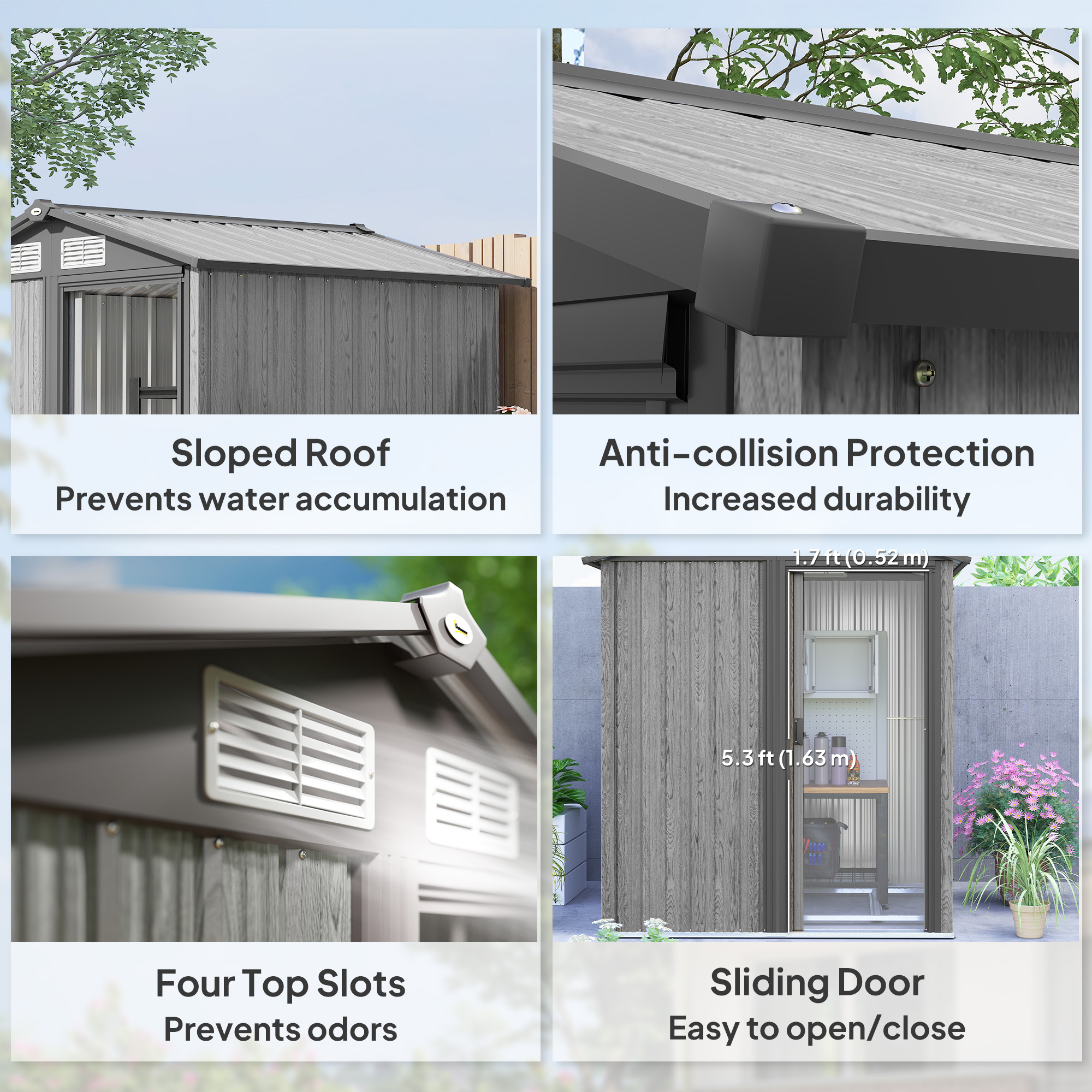 Outsunny 4.3 x 5ft Outdoor Garden Storage Shed Grey Wood Effect 6