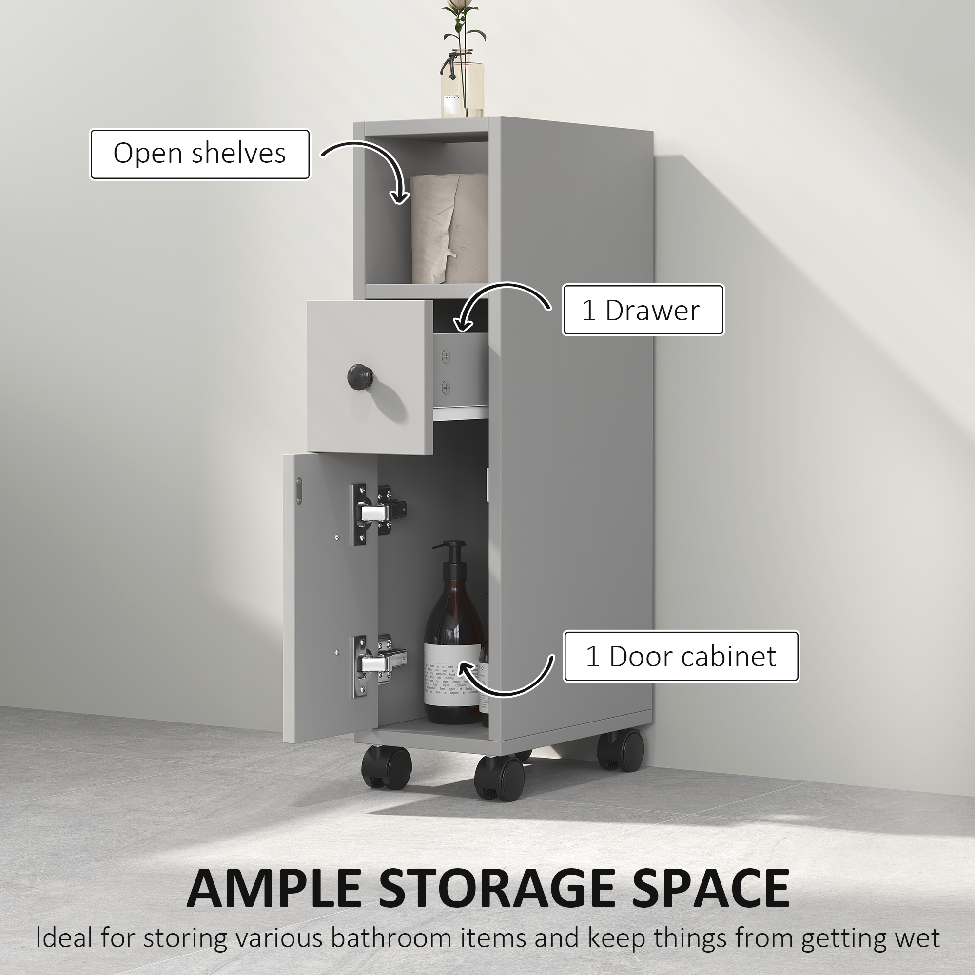 kleankin Slimline Bathroom Storage Cabinet Grey 4