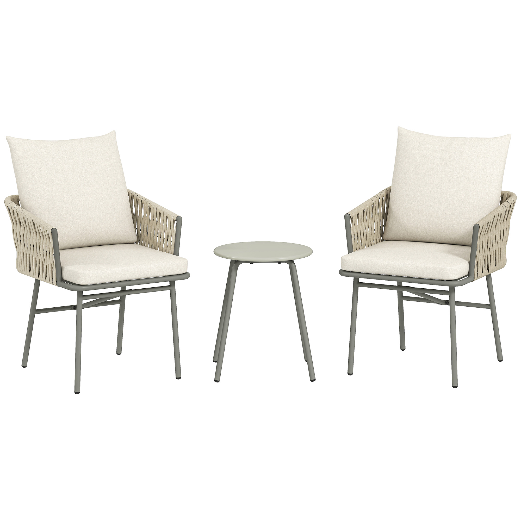Outsunny Conjunto de Muebles de Jardín de Ratán Sintético con 2 Sillas con Cojines Extraíbles y Mesa con Tablero de Metal Gris