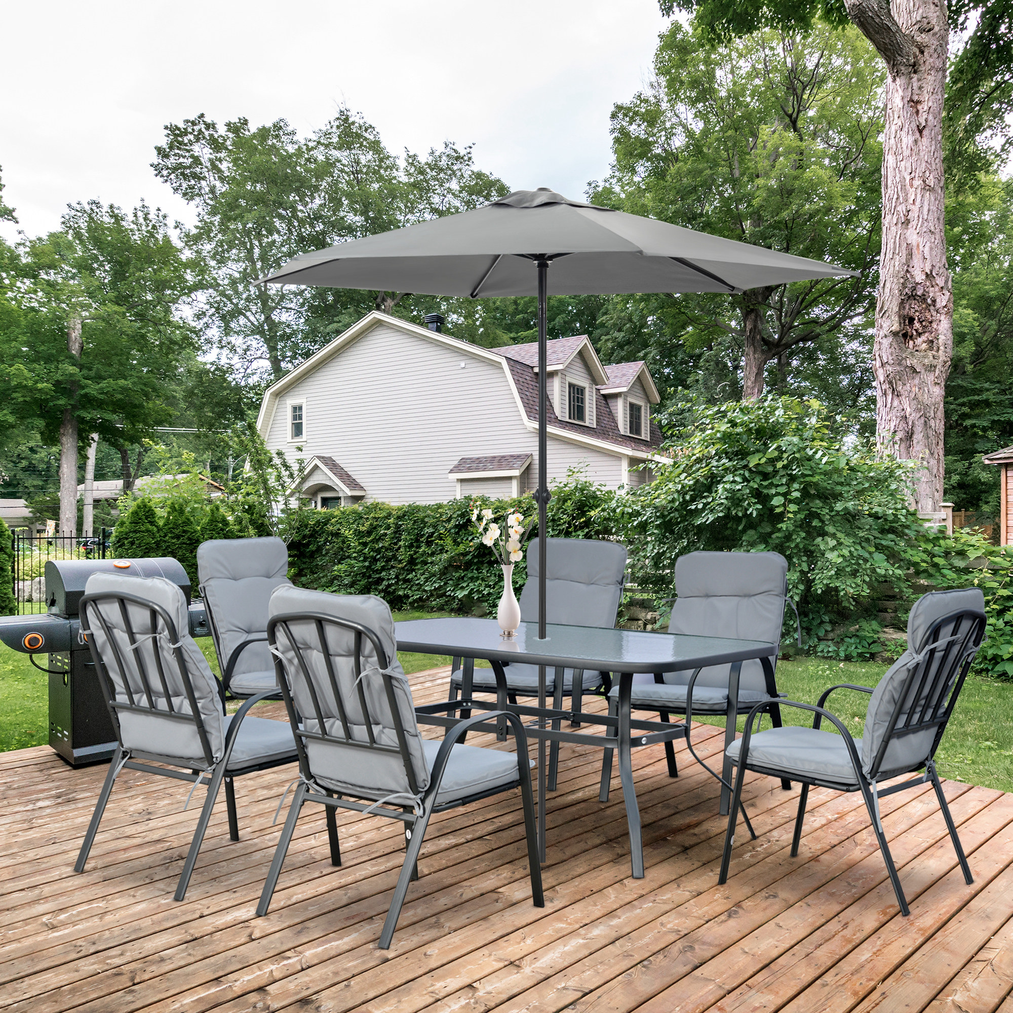 Outsunny Seven-Piece Garden Dining Set with Cushions Grey 2