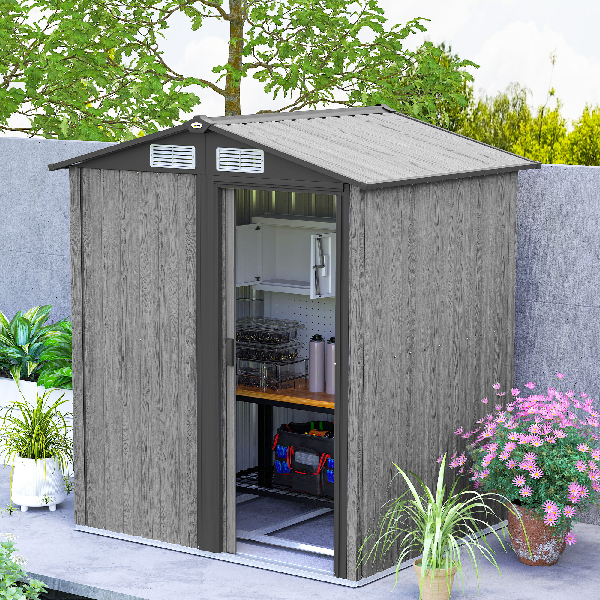 Outsunny 4.3 x 5ft Outdoor Garden Storage Shed Grey Wood Effect 9