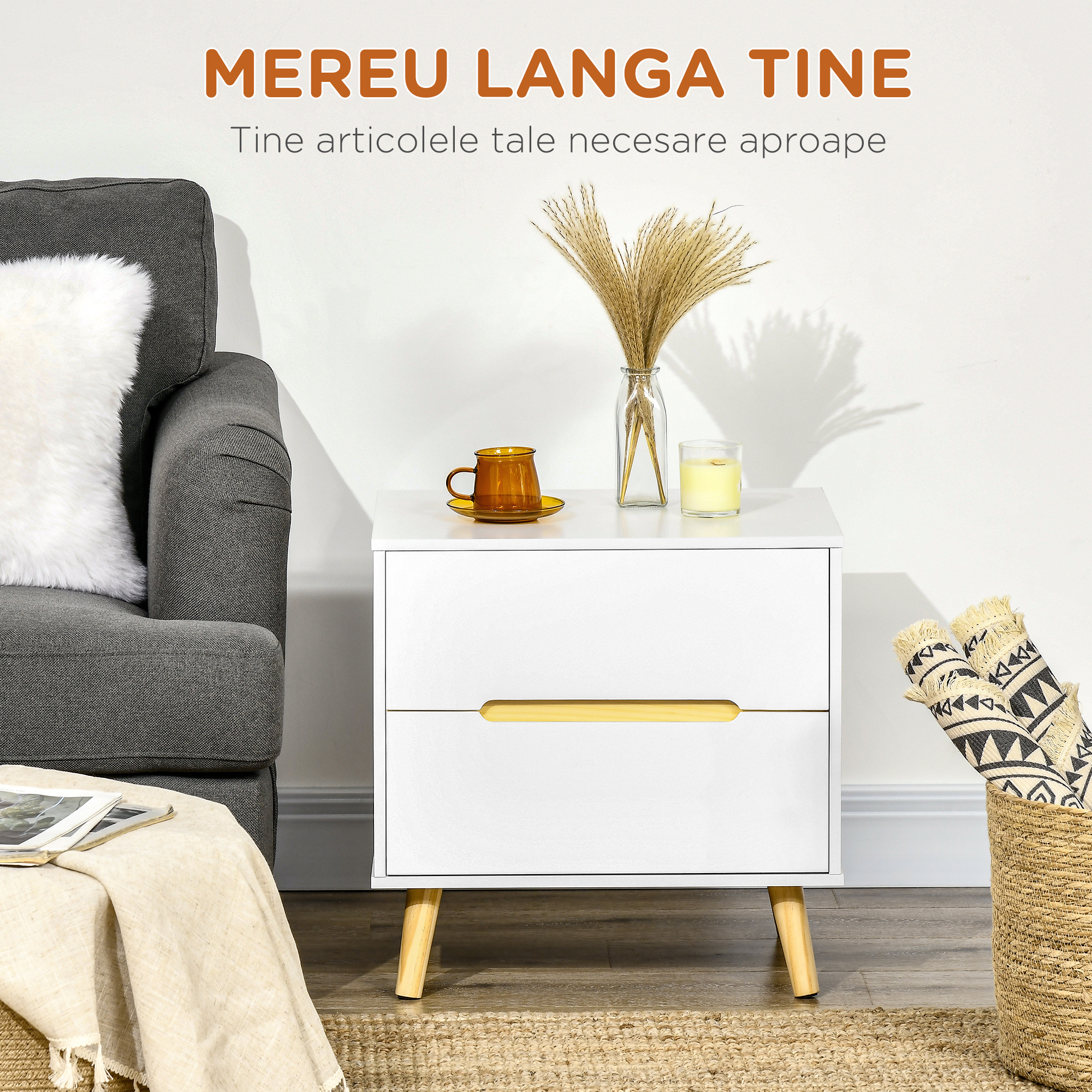  Noptiera moderna , noptiera cu 2 sertare, masuta laterala cu picioare din lemn masiv pentru living, dormitor, alb [3]