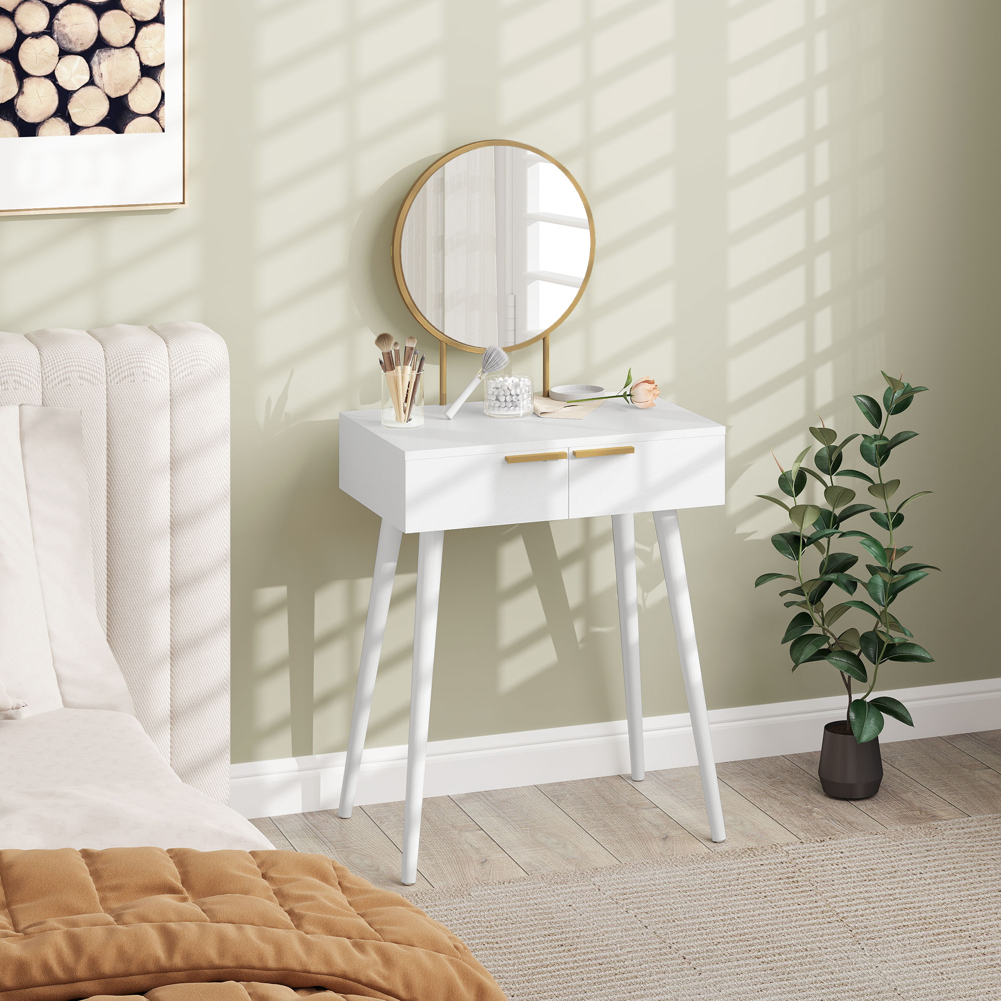 HOMCOM Elegant Dressing Table, with Round Mirror, 60 x 40 x 123 cm White 2