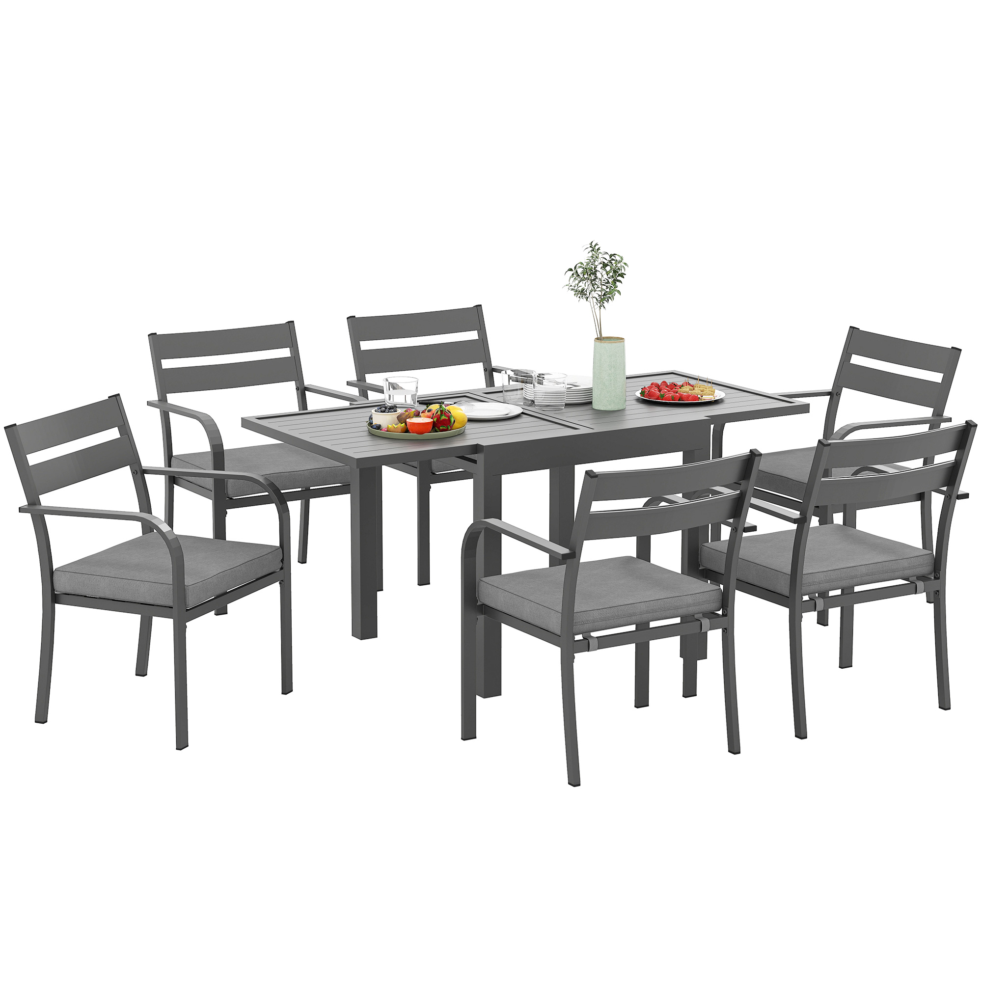 Outsunny Set da Giardino con Tavolo Allungabile e 6 Sedie Impilabili con Cuscini, Grigio