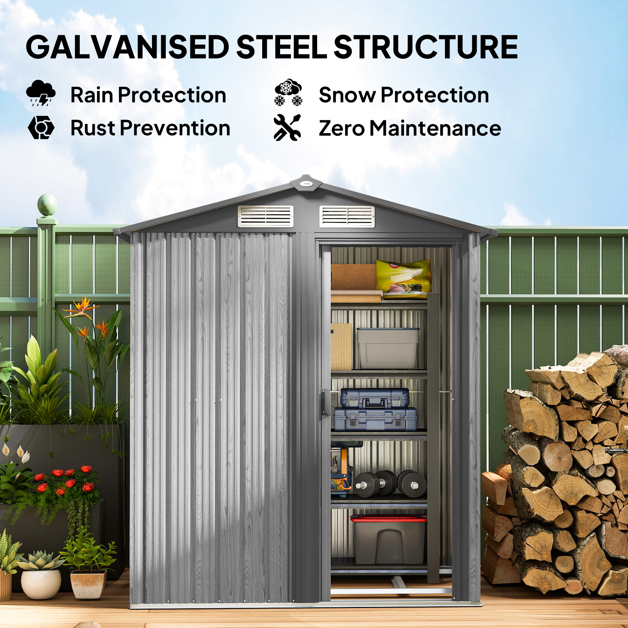 Outsunny 4.3 x 5ft Outdoor Garden Storage Shed Grey Wood Effect 4