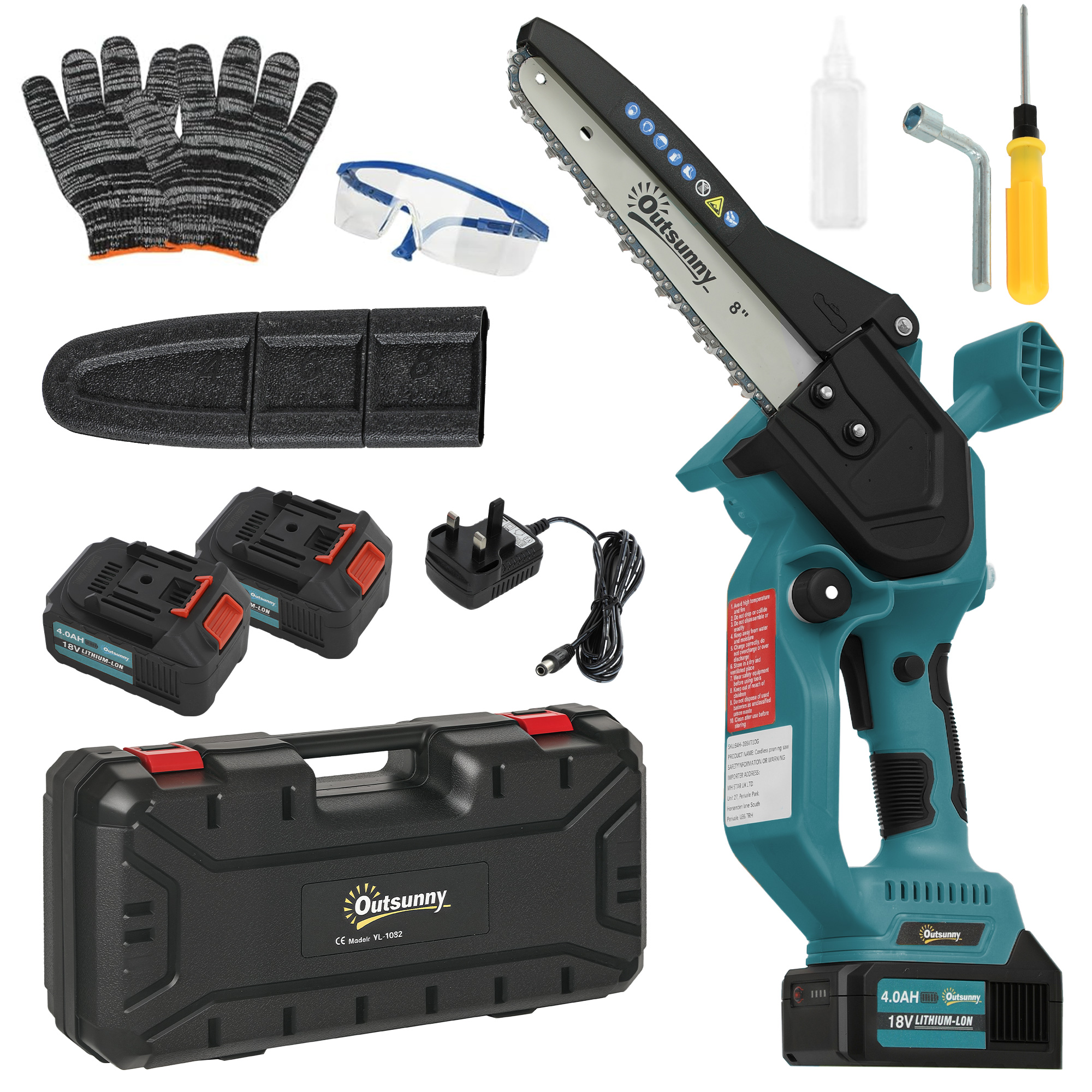 Outsunny 8 Inch Electric Chainsaw, Cordless Mini Chain Saw with Brushless Motor, 2 x 4000mAh Batteries and Safety Lock, Handheld Portable Wood Pruning Saw for Trimming Cutting, Blue