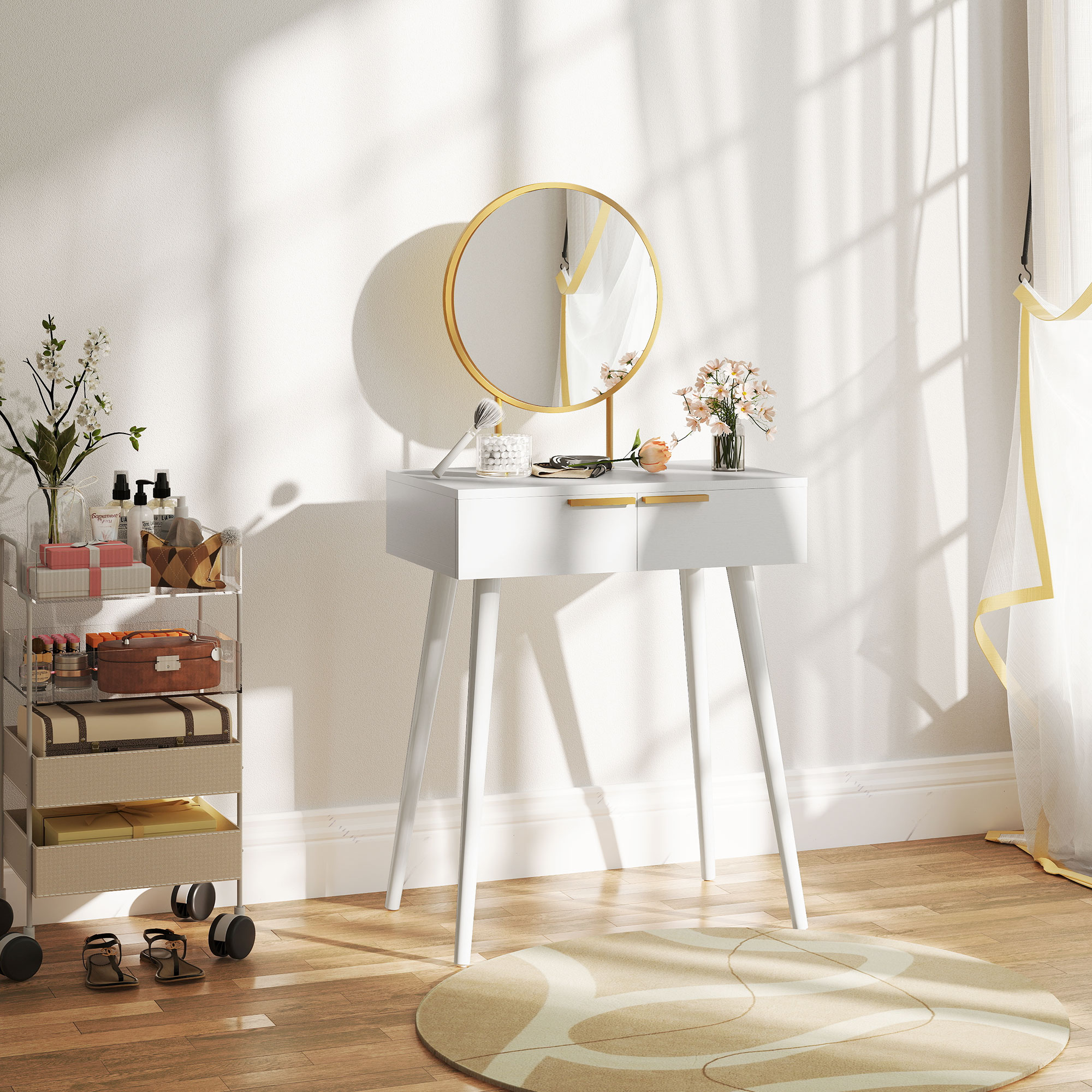 HOMCOM Elegant Dressing Table, with Round Mirror, 60 x 40 x 123 cm White 8