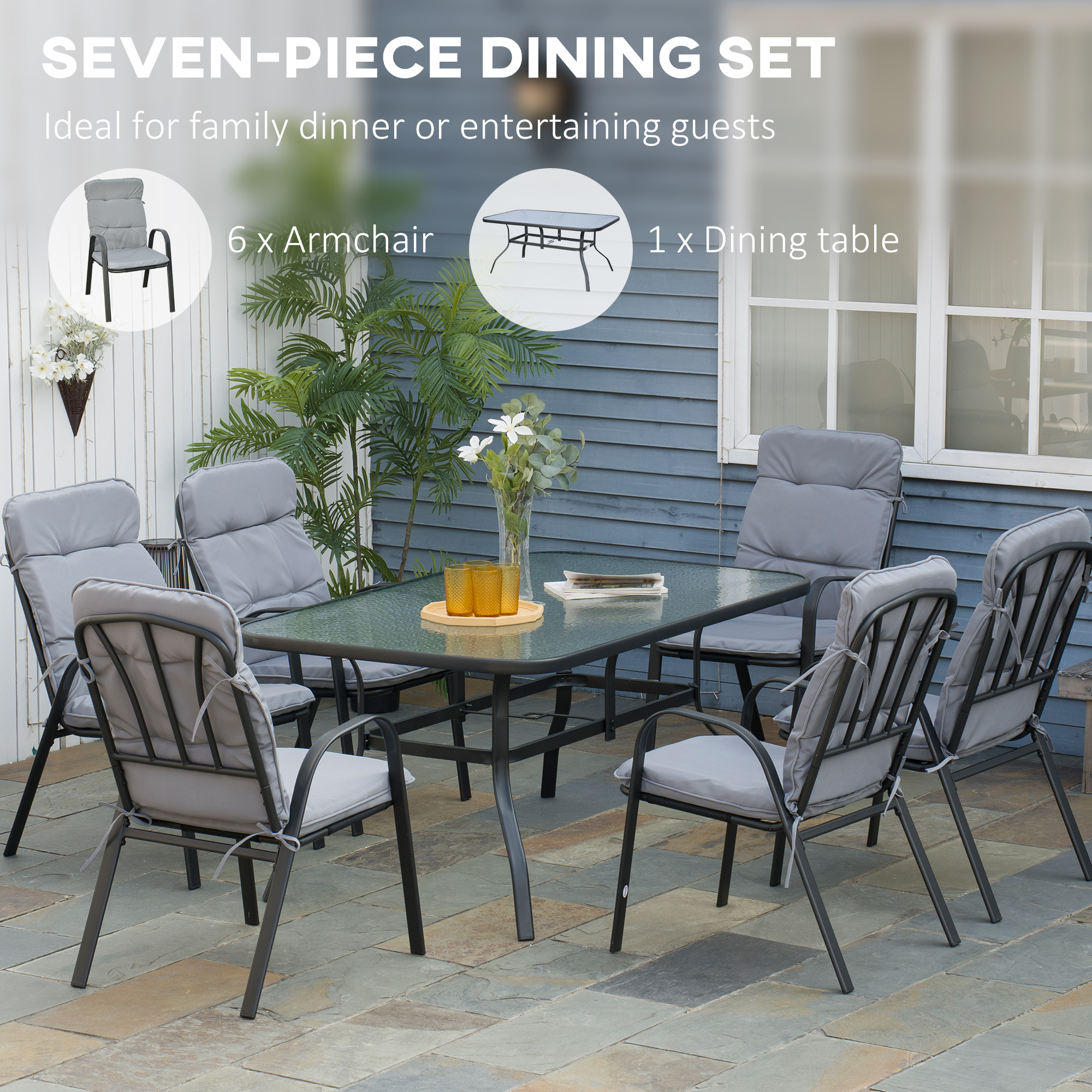 Outsunny Seven-Piece Garden Dining Set with Cushions Grey 4
