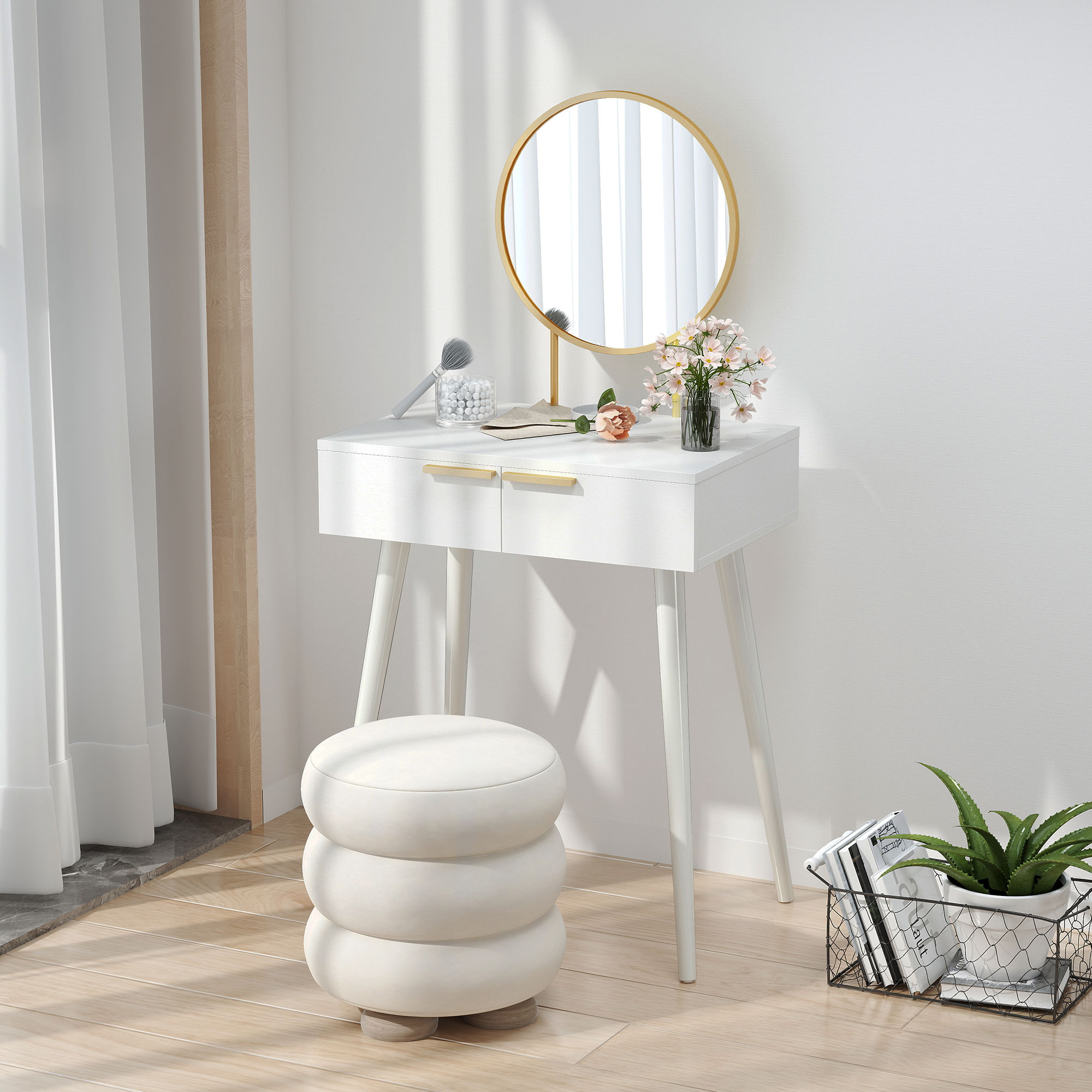 HOMCOM Elegant Dressing Table, with Round Mirror, 60 x 40 x 123 cm White 7