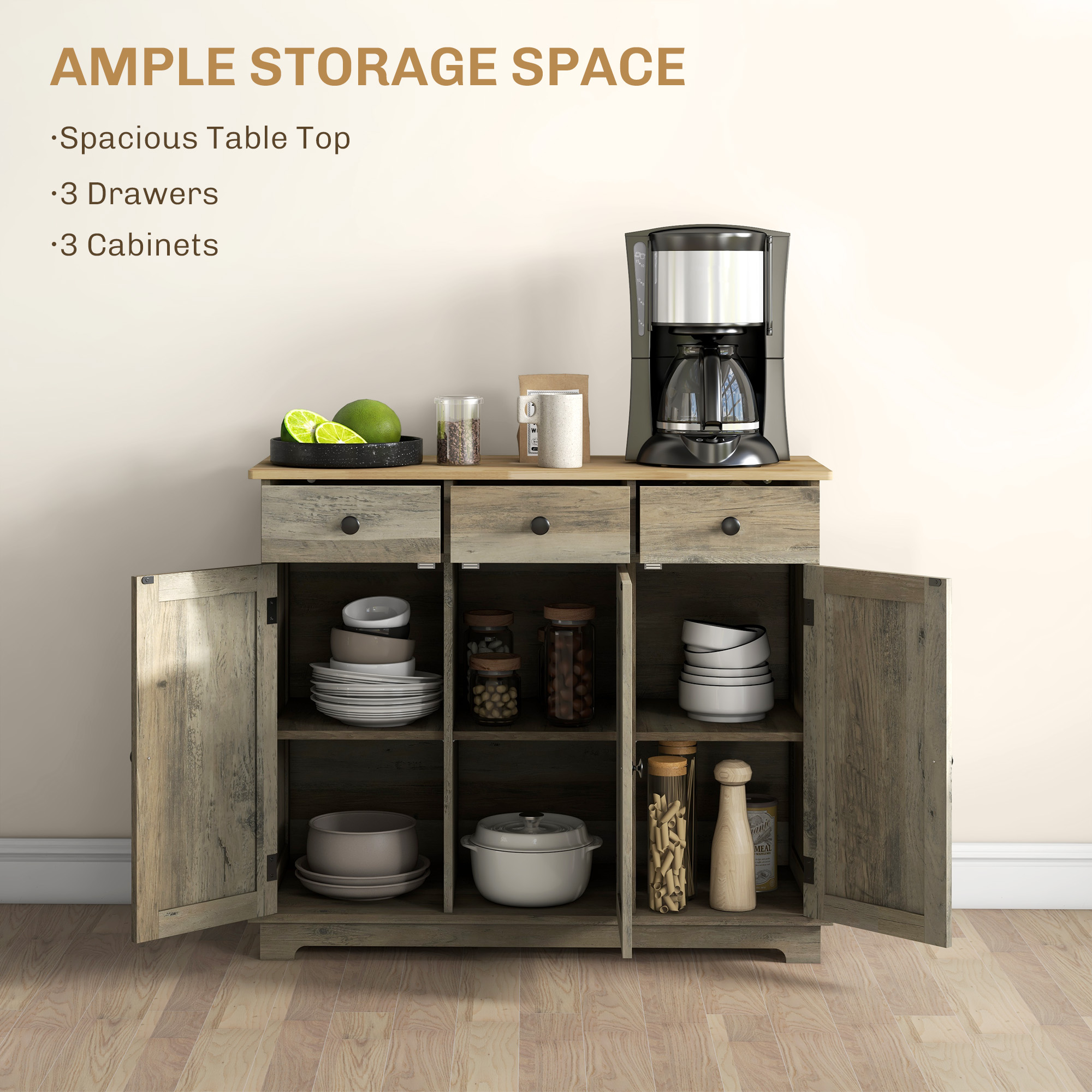 HOMCOM Sideboard with Rubber Wood Top, Modern Storage Cabinet, Kitchen Cupboard with 3 Doors, 3 Drawers and 3 Adjustable Shelves for Dining Room, Living Room, Grey Wood-Effect 4