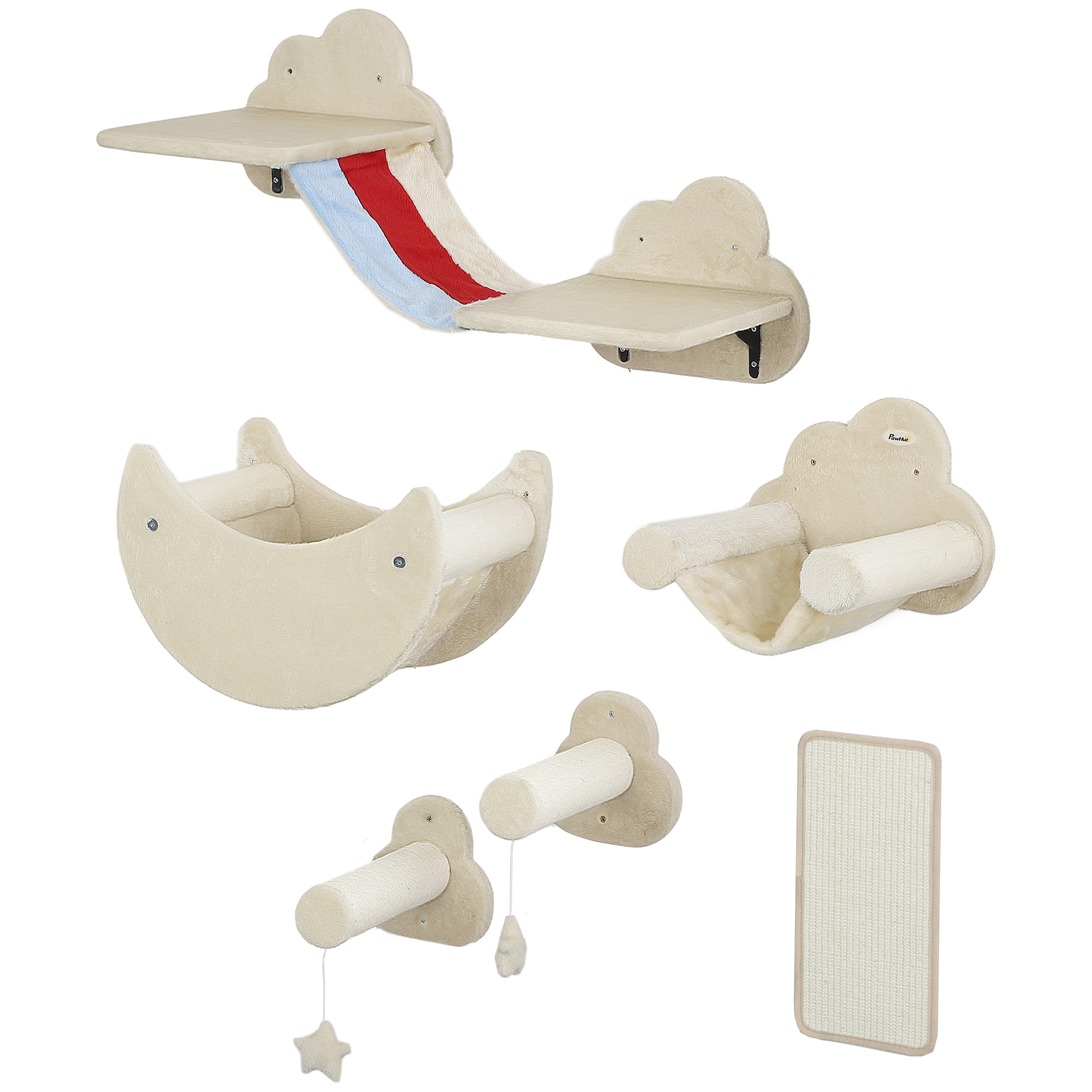 PawHut Juego de Escalada para Gatos de Pared de 6 Piezas con Hamacas Plataformas Tabla Rascador Escaleras y Estrellas Beige