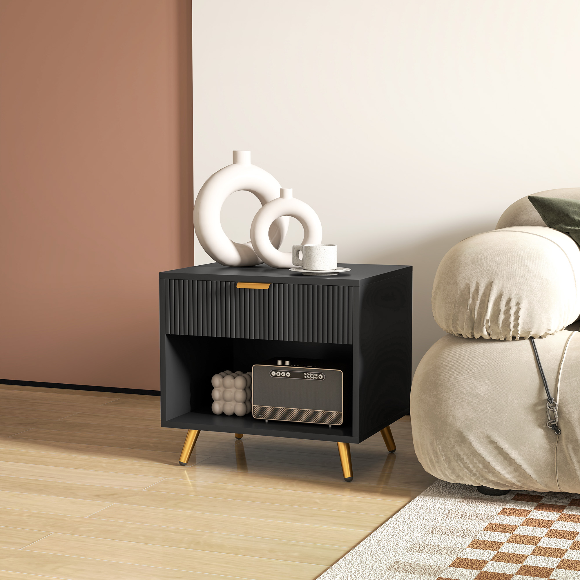 HOMCOM Elegant Bedside Table, with Drawer and Shelf Black/Gold Tone 8