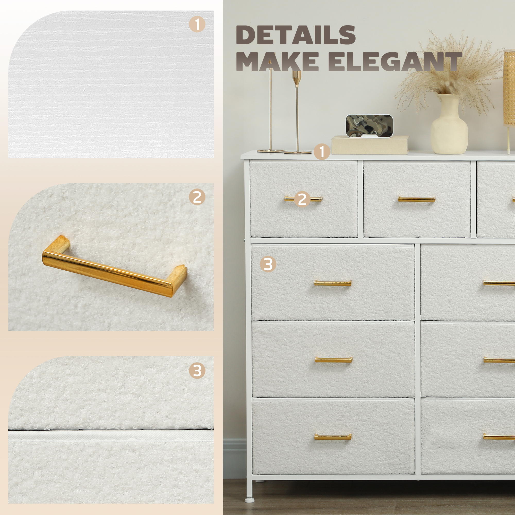 HOMCOM Chest of Drawers with 9 Fabric Drawers, Boucle Storage Organiser with Steel Frame, Fabric Dresser for Bedroom, Living Room, Hallway, Cream White 4