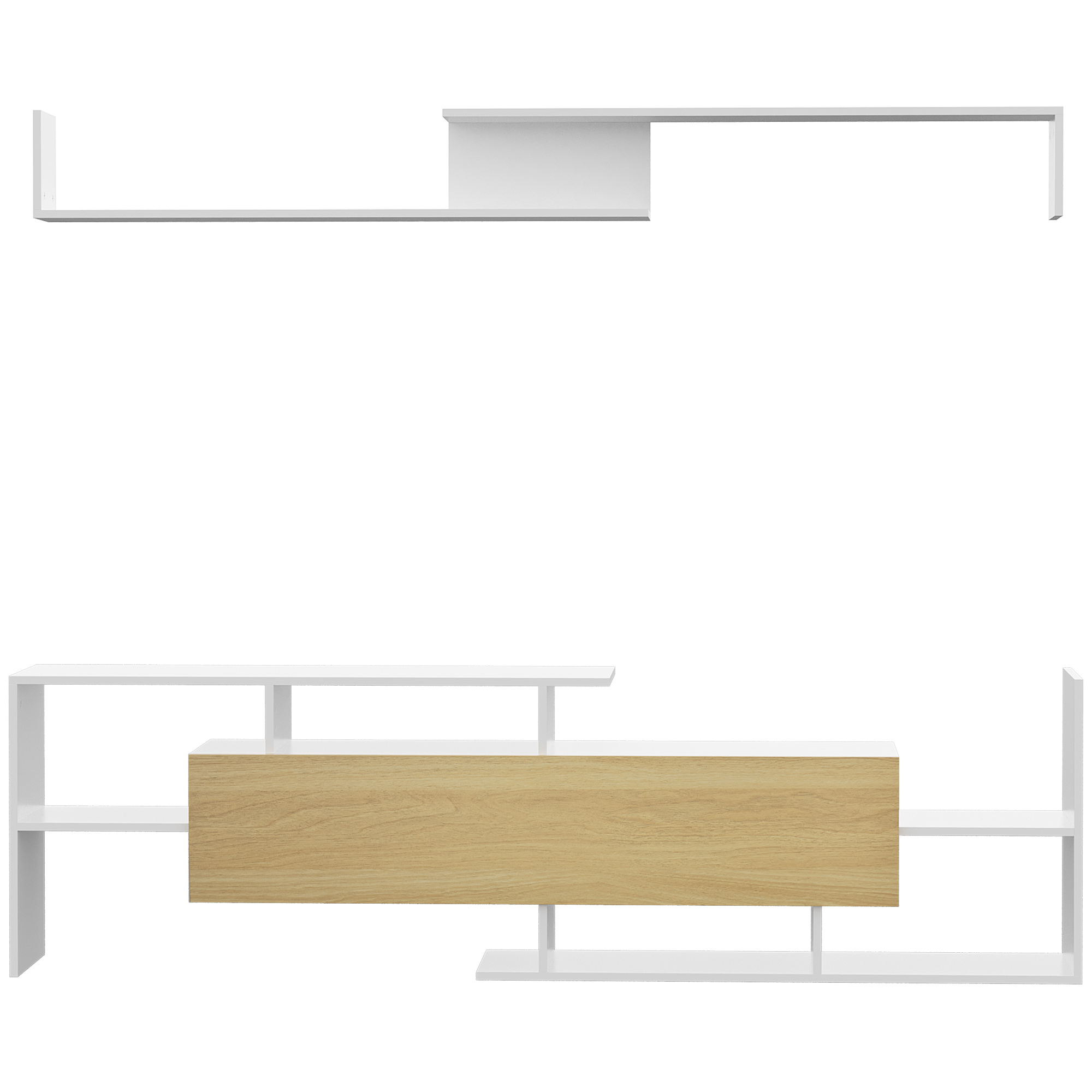 HOMCOM Ensemble meuble TV avec banc et étagère murale style contemporain 153,6L cm - blanc et bois naturel