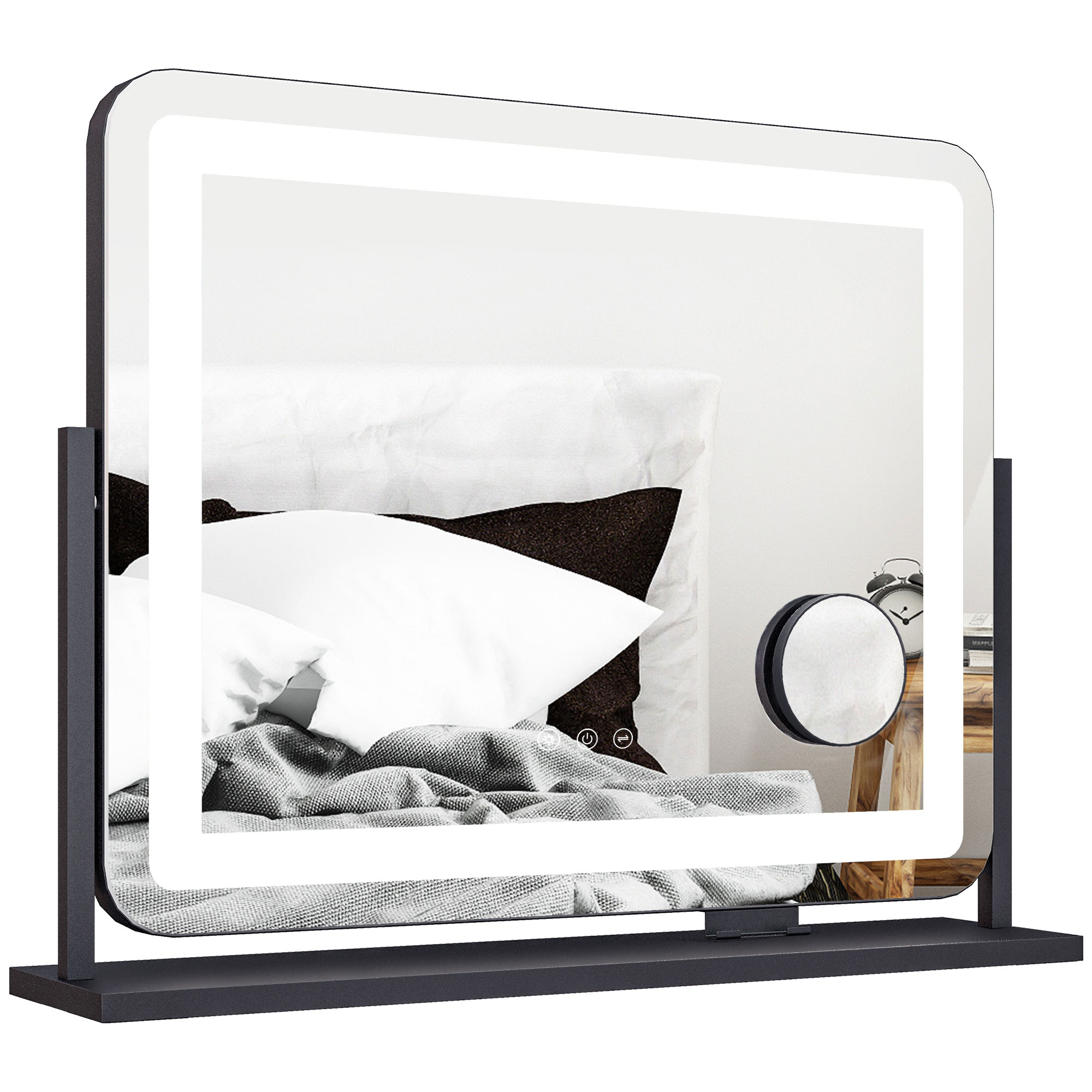 HOMCOM Miroir Lumineux LED intensité 3 modes d'éclairage, grossissement 10X, port de charge USB, touche tactile 62,5 x 52 cm
