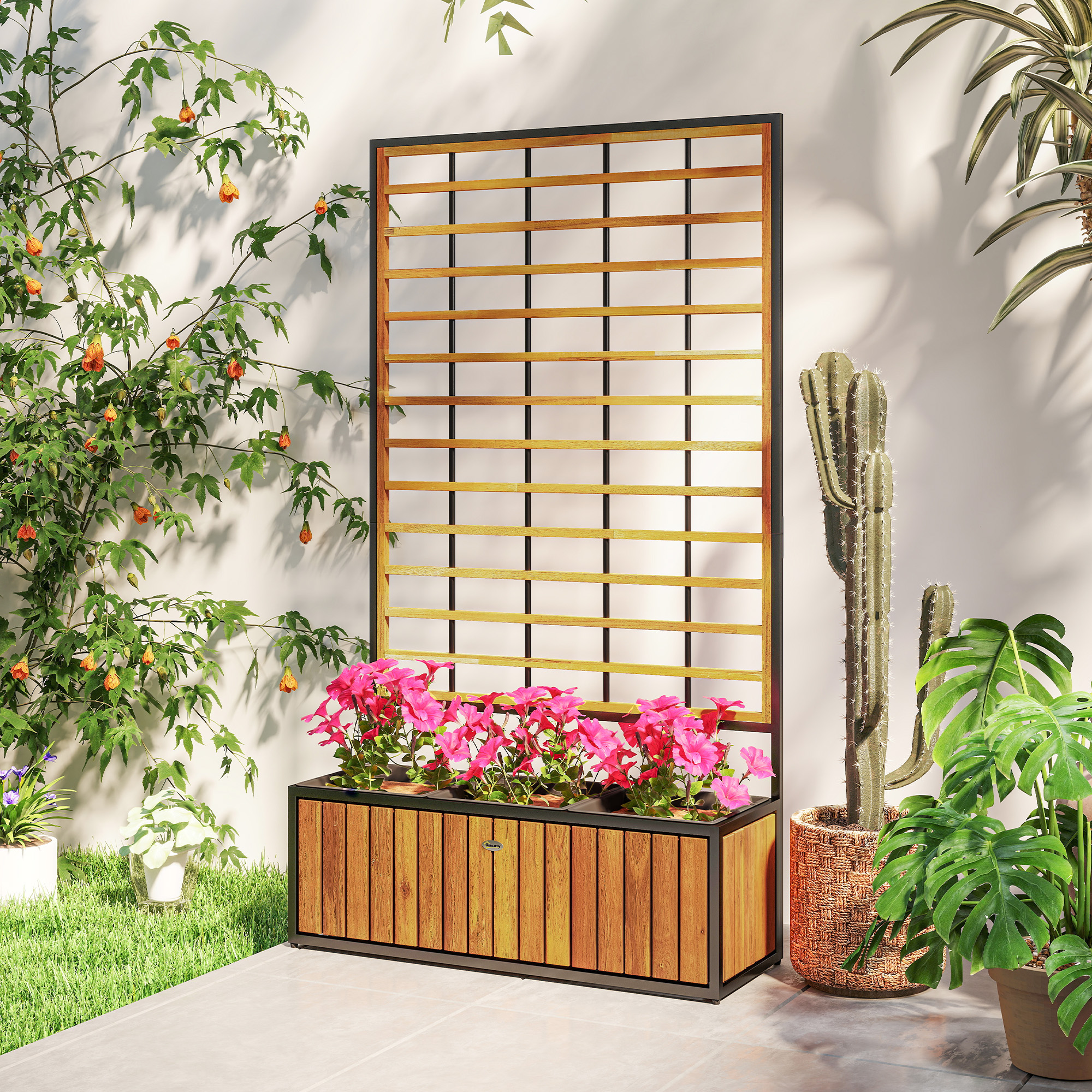 Outsunny Jardinière Avec Treillis - Lit Surélevé De Jardin En Bois D'Acacia Et Acier, Bac à Fleurs Extérieur Avec Drainage, 74 X 27 X 131 Cm, Idéal Balcon Patio