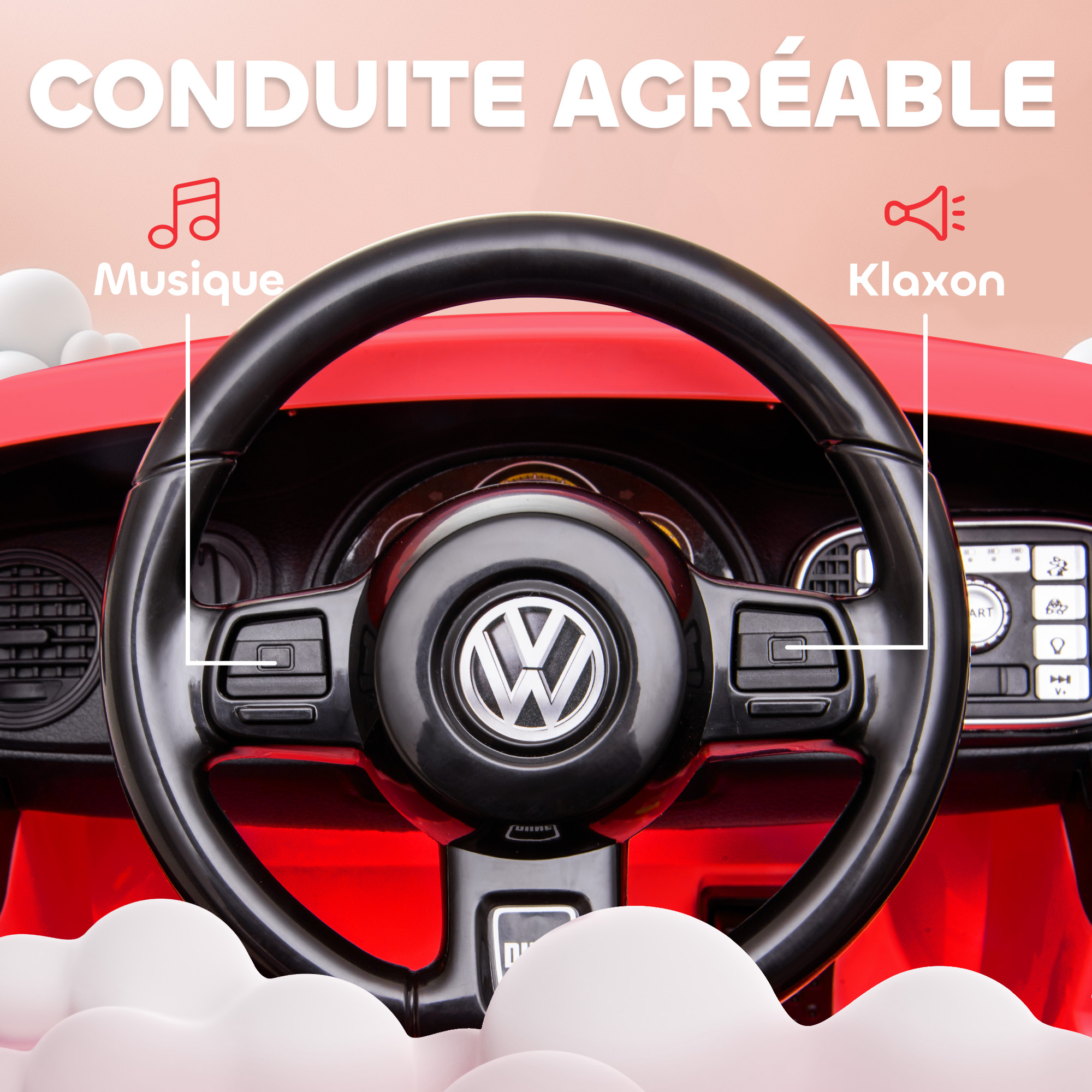 AIYAPLAY Volkswagen Beetle Électrique – 12V, 2 Moteurs, Télécommande 2,4G – 3-5 Km/h – Âge 3-5 Ans – Phares LED, Musique – Rouge