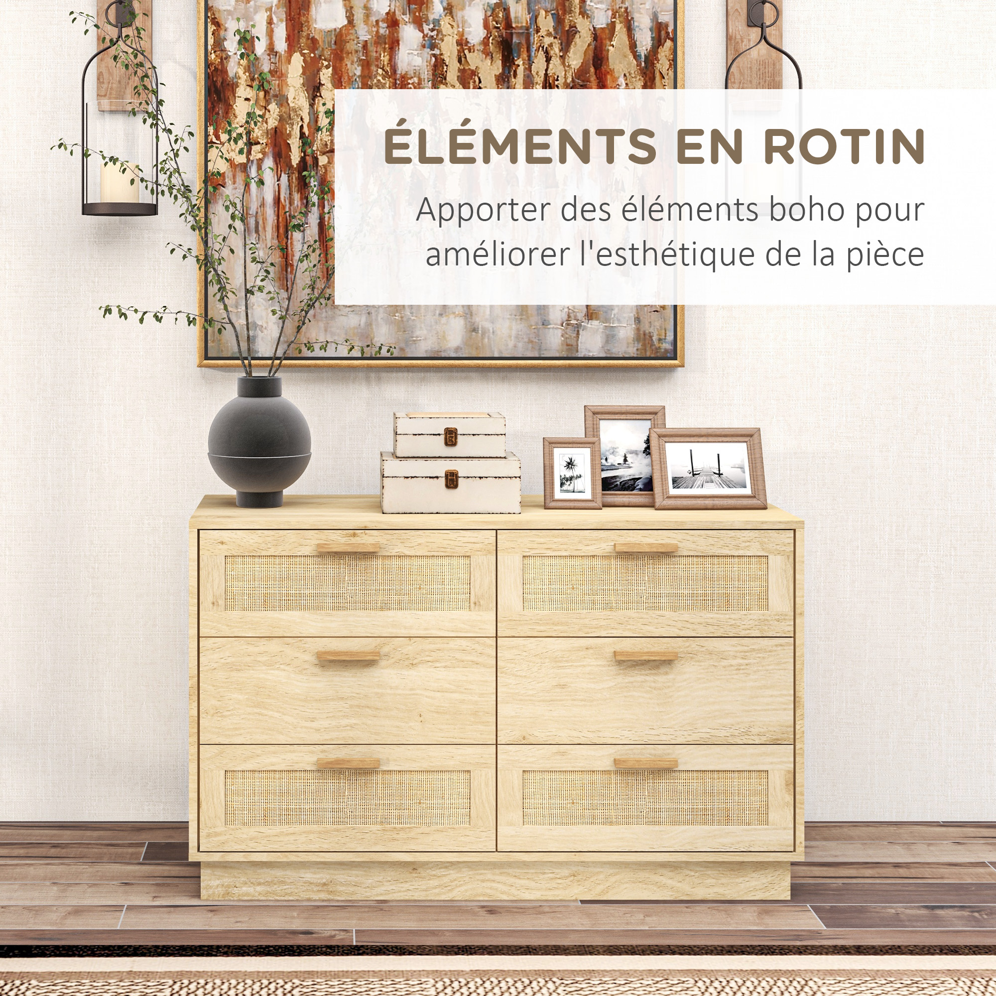 Commode 3 Tiroirs HOMCOM En Rotin Et MDF - Style Bohème - 80x80x40 Cm - Pour Chambre Ou Salon