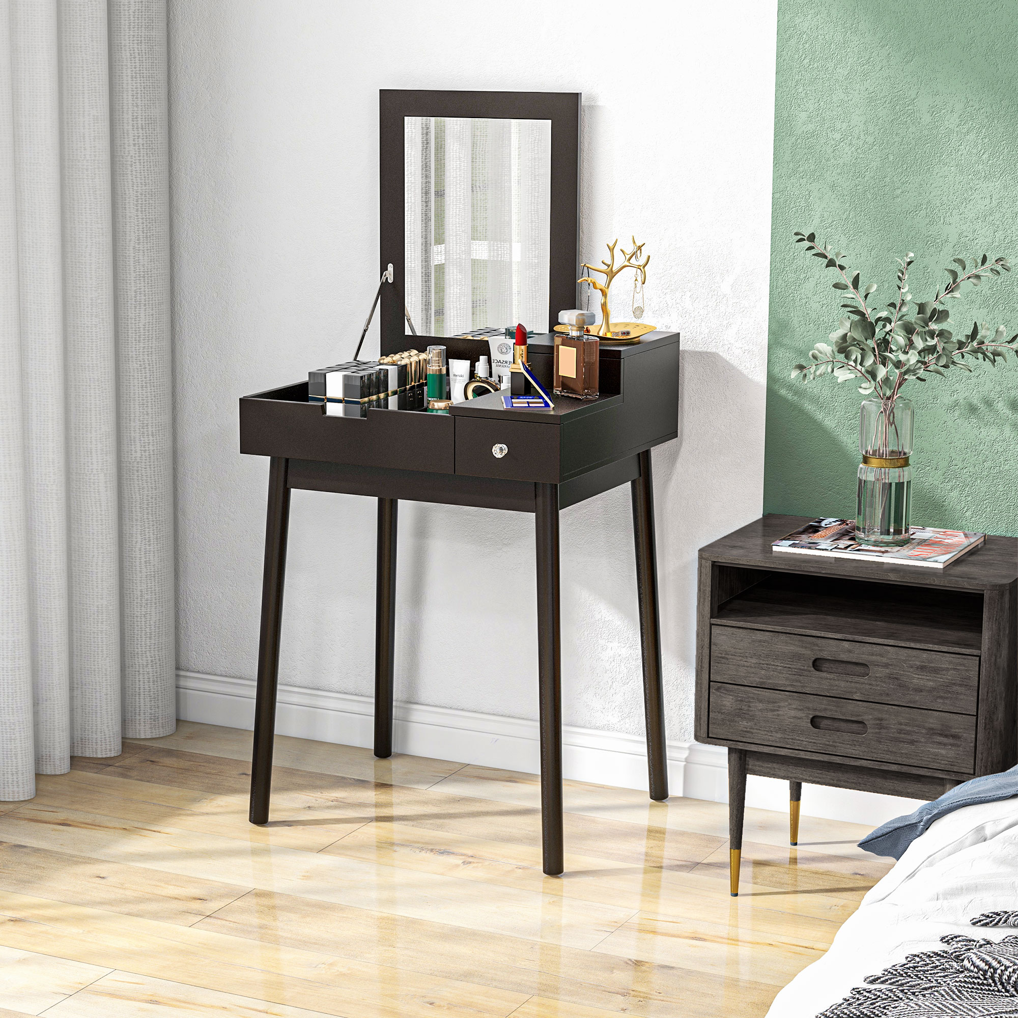 Coiffeuse Avec Miroir Pliable Table De Maquillage Avec 2 Tiroirs Et 3 Compartiments De Rangement Style Moderne Blanc 12 97512076