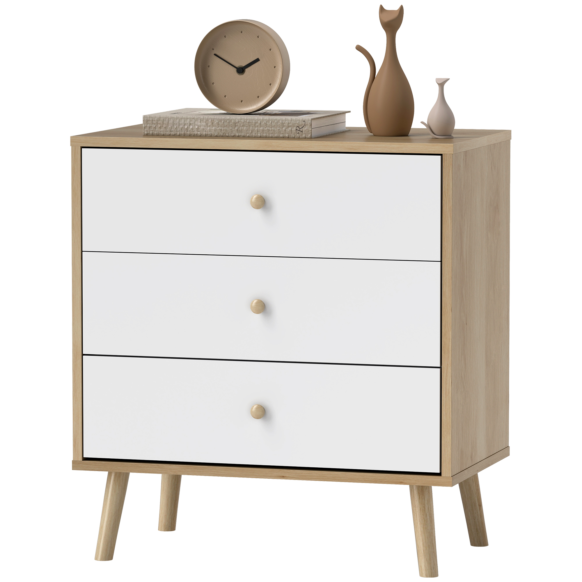 HOMCOM Commode 3 tiroirs meuble de rangement style moderne pour chambre à coucher, salon - 60 x 35 x 65 cm, chêne