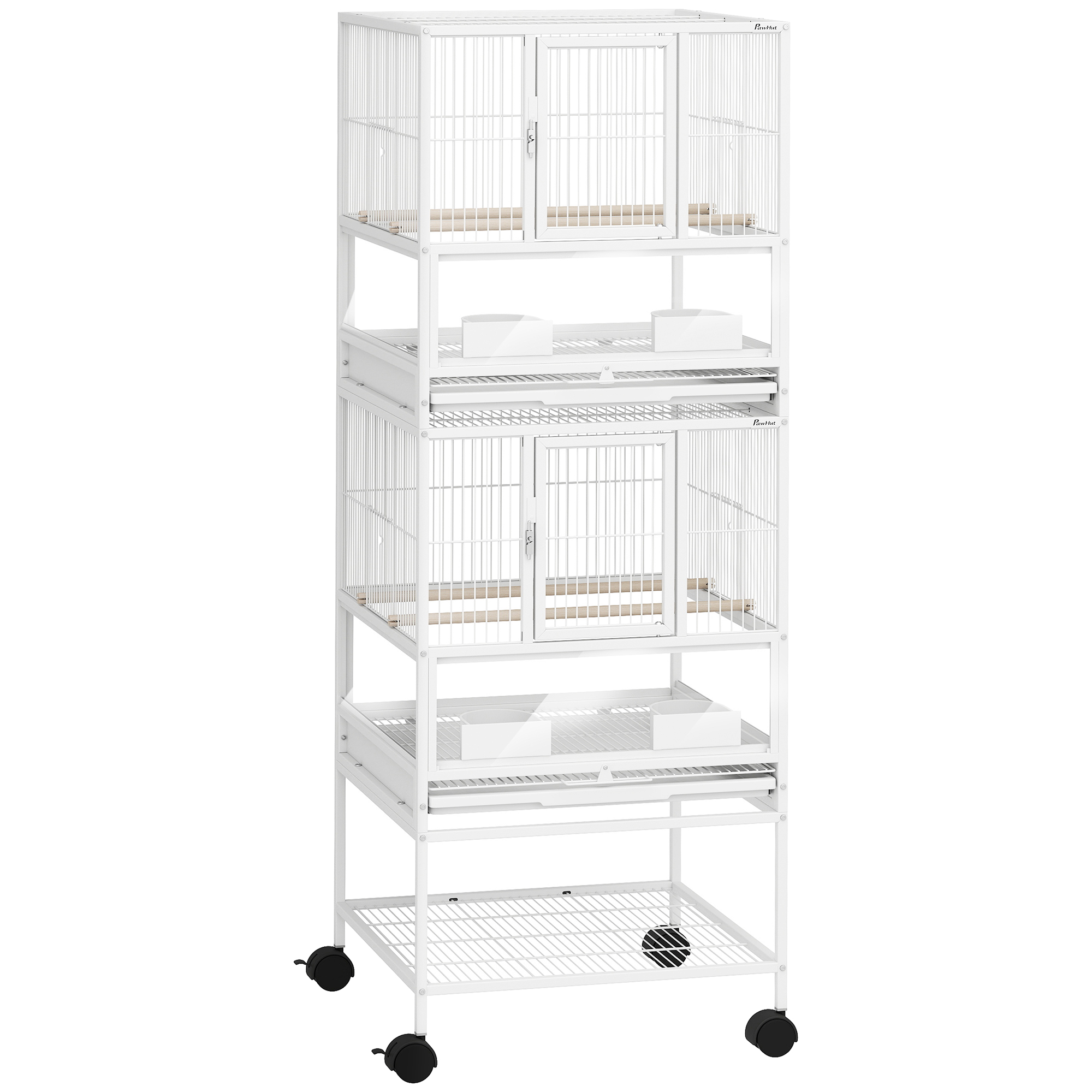 PawHut Jaula para Pájaros de 2 Niveles con Paneles Acrílicos Comederos Perchas Ruedas y Estante Inferior 48x46x134,5 cm Blanco