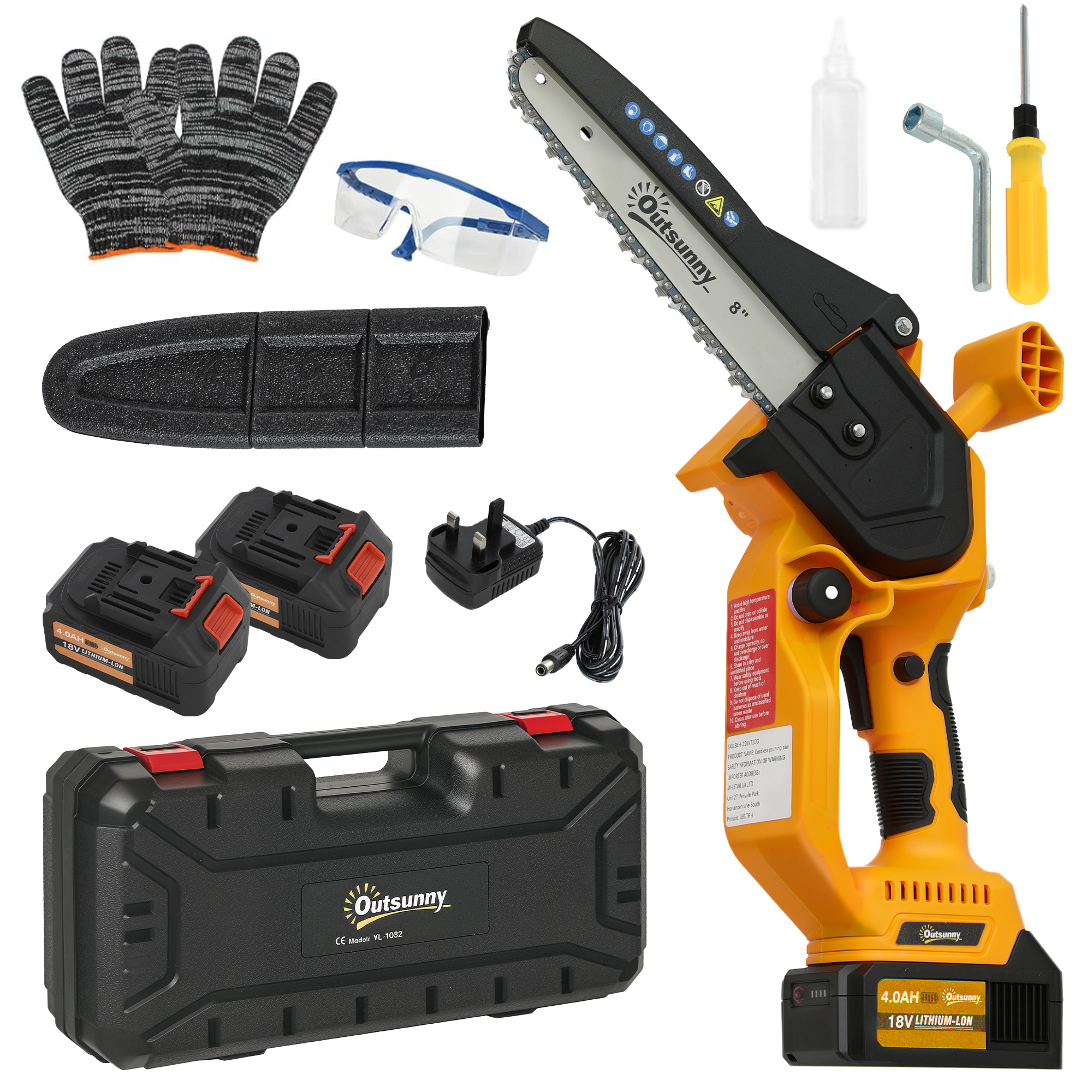 Outsunny 8 Inch Electric Chainsaw, Cordless Mini Chain Saw with Brushless Motor, 2 x 4000mAh Batteries and Safety Lock, Handheld Portable Wood Pruning Saw for Trimming Cutting, Orange