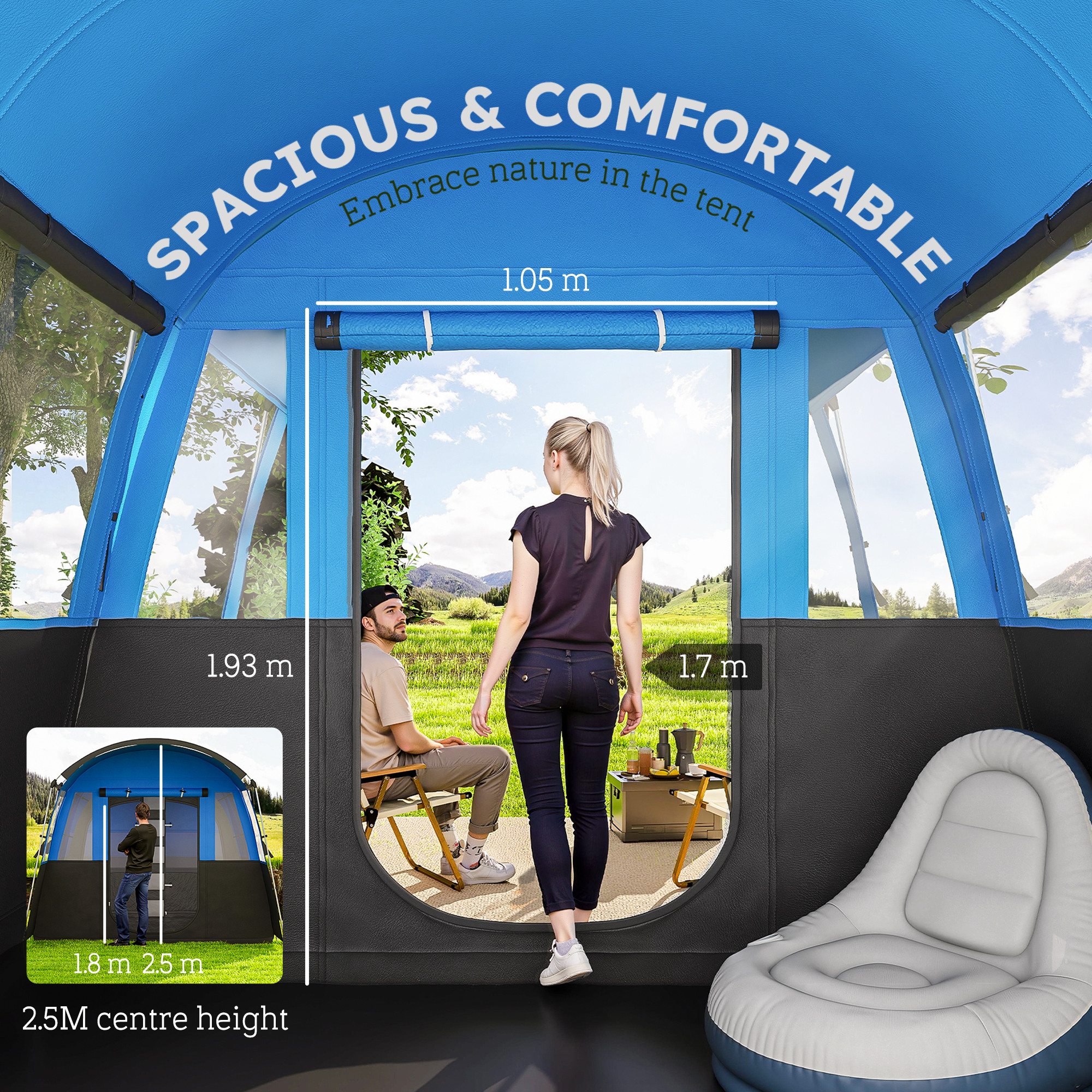 Outsunny 4-Person Camping Tent, Waterproof Family Tent, Tunnel Design, 4 Large Windows, Sleeping Cabins 3000mm Water Column Blue 5