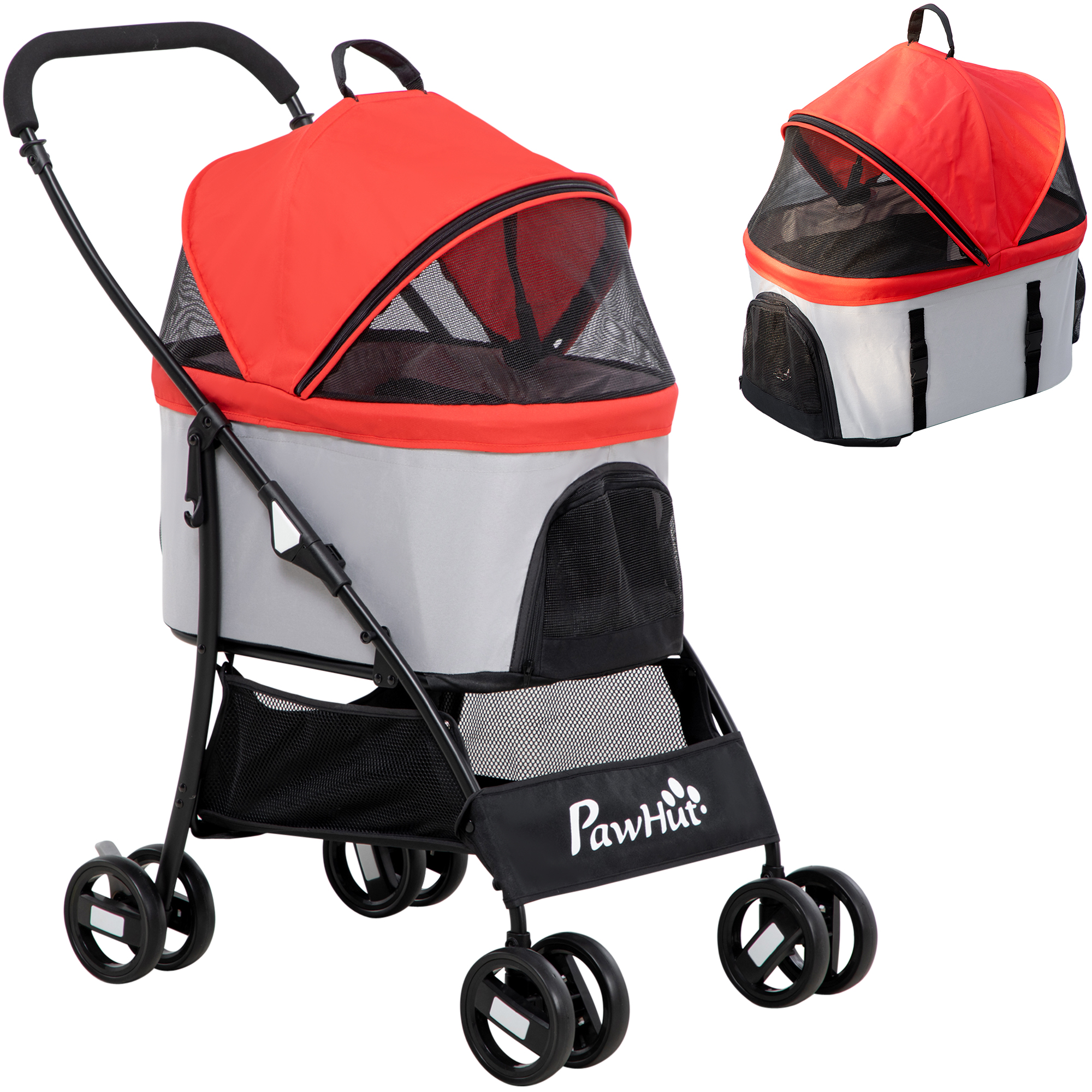 PawHut Passeggino per Cani Pieghevole con Trasportino Rimovibile e Tettuccio, 82×49.5x98cm, Rosso