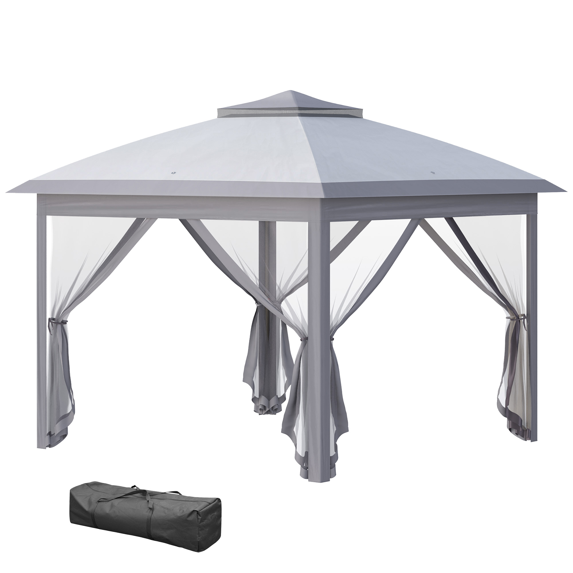 Outsunny Carpa Plegable 3x3 con Altura Ajustable Doble Techo 4 Mosquiteras Extraíbles y Bolsa de Transporte Anti-UV 3,3x3,3 m Gris | Aosom España