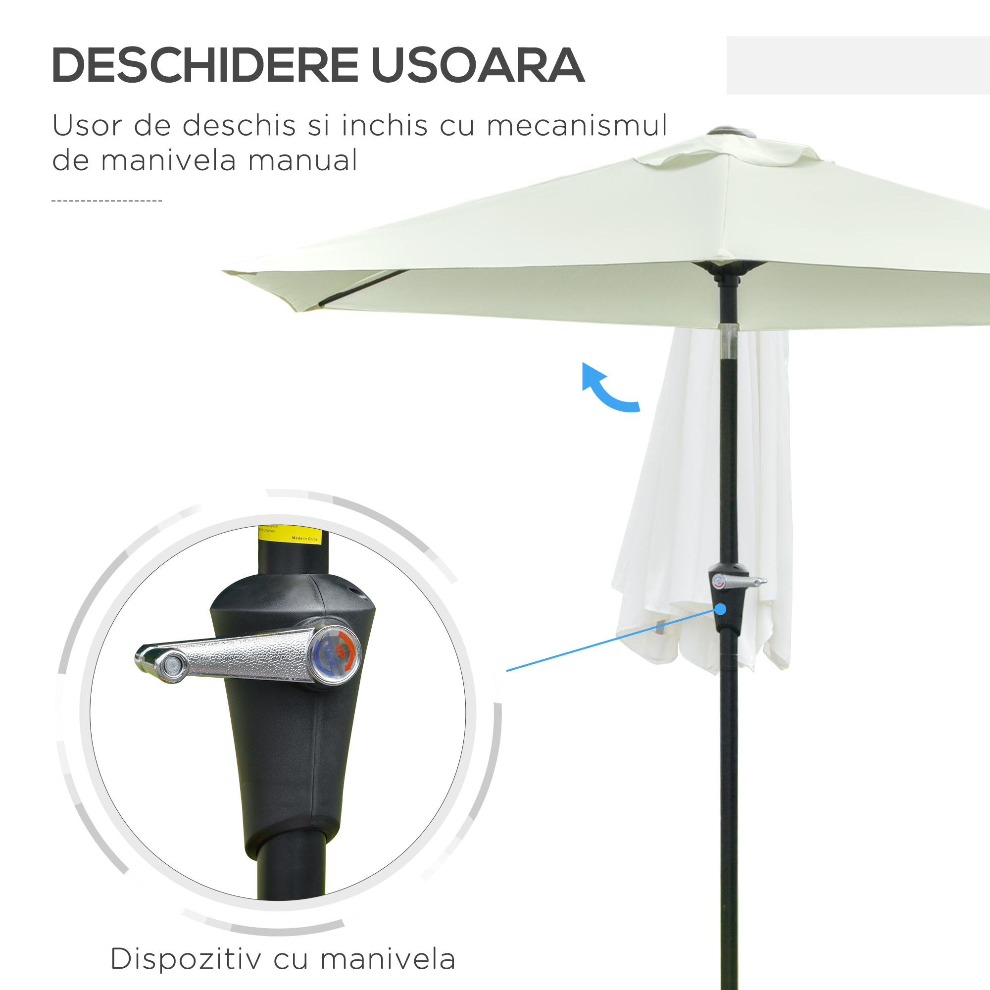  Umbrela de Gradina Reglabila cu manivela din otel , Alb Crem Φ230cm [3]