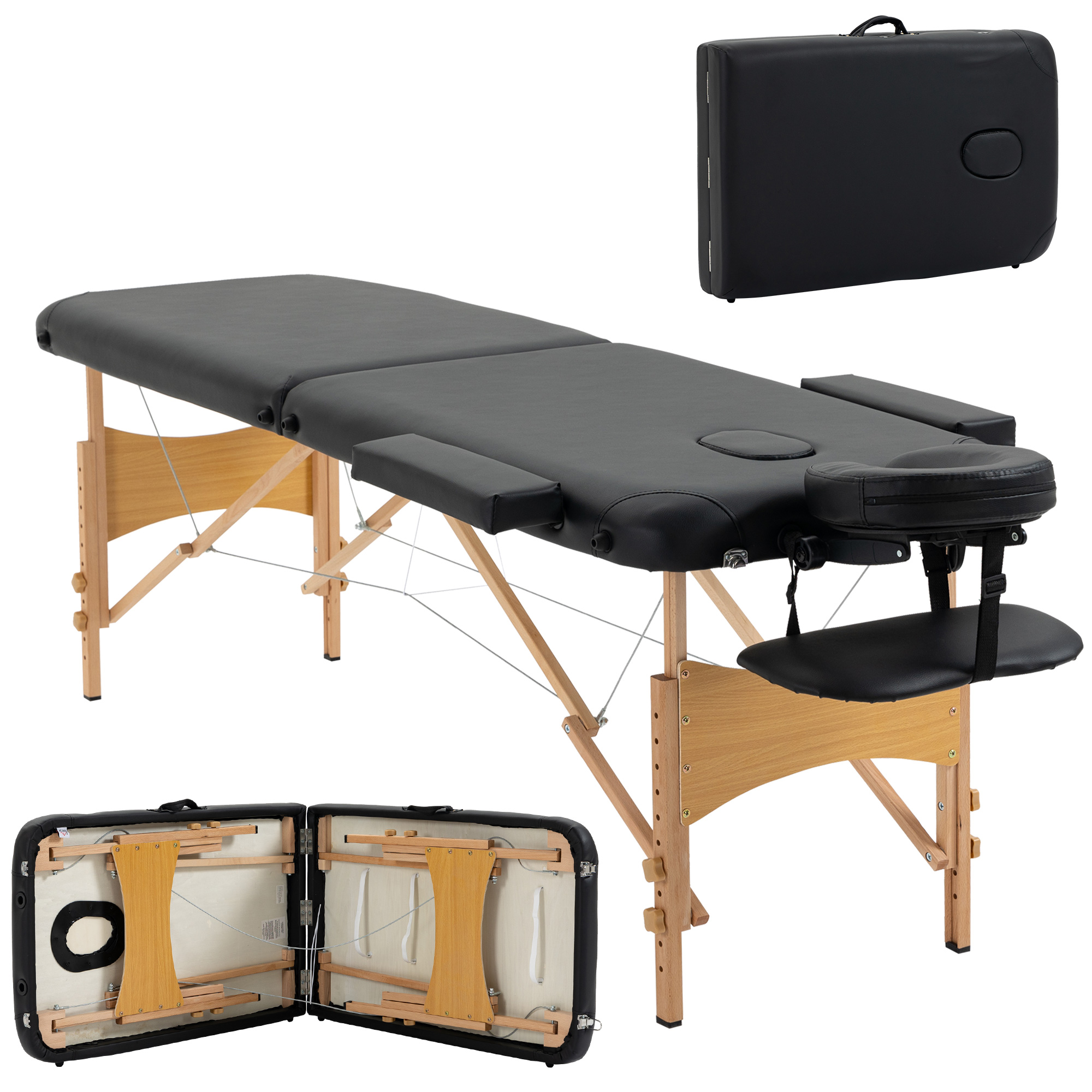 HOMCOM Portable Massage Bed, Folding Spa Beauty Massage Table with 2 Sections, Carry Bag and Wooden Frame, Black HOMCOM Portable Massage Bed, Folding Spa Beauty Massage Table with 2 Sections, Carry Bag and Wooden Frame, Black