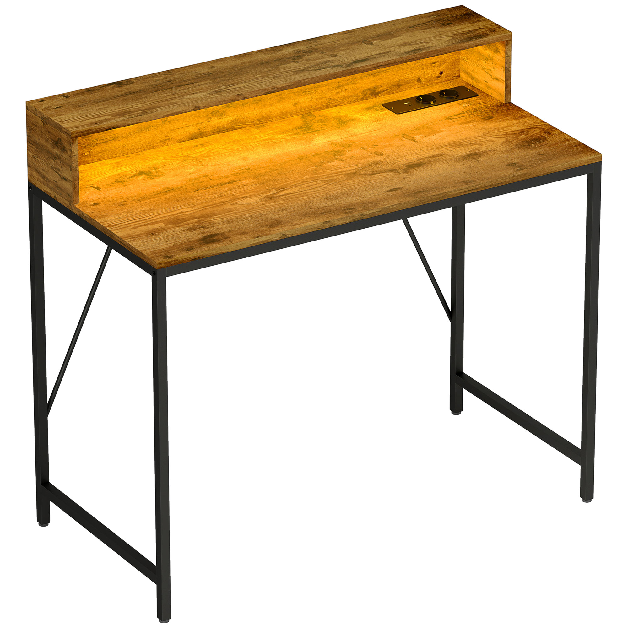 HOMCOM Mesa de Escritorio con Luces LED Tomas de Corriente Soporte para Monitor y Control Remoto 100x50x90,5 cm Marrón Rústico