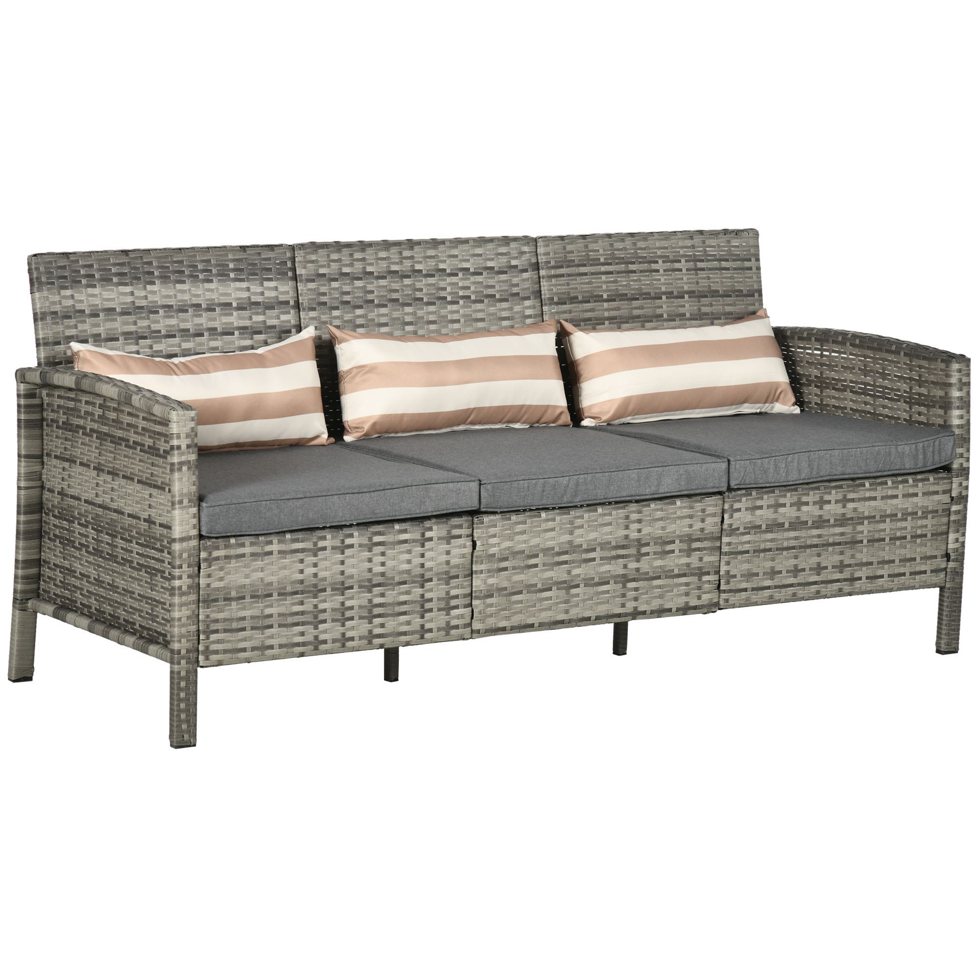 Outsunny rotan bank, luxe driezits loungebank met comfortabele kussens, weerbestendig, stevig staal, 173 x 68 x 78 cm, grijs | Aosom.nl