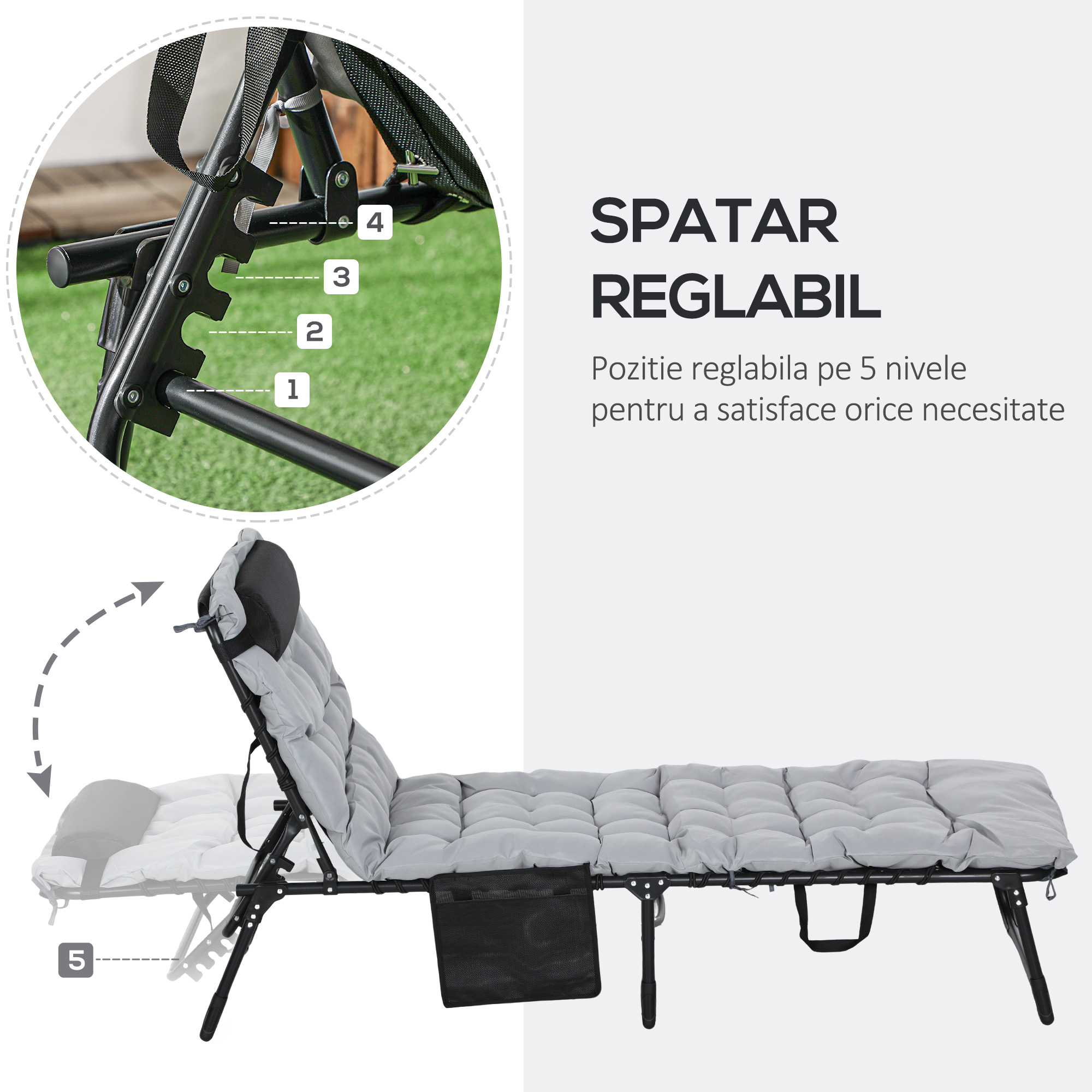  sezlong pliabil cu perna, tetiera si buzunar lateral, 58x189x32,5 cm, gri deschis [3]