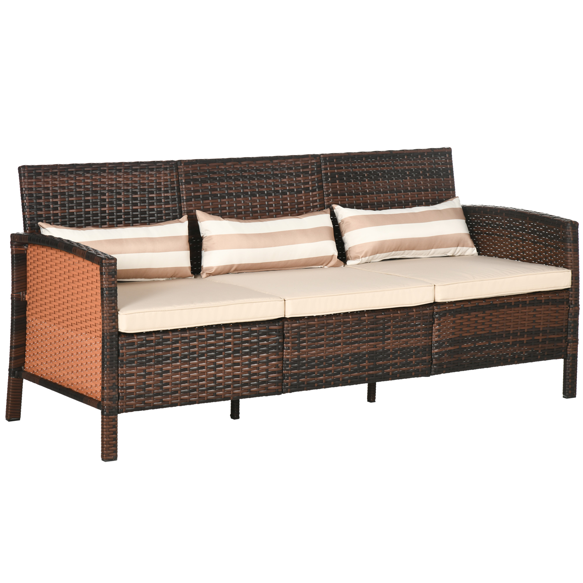Outsunny rotan loungebank, driezits met comfortabele kussens, weerbestendig, stevig staal, 173 x 68 x 78 cm, bruin | Aosom.nl