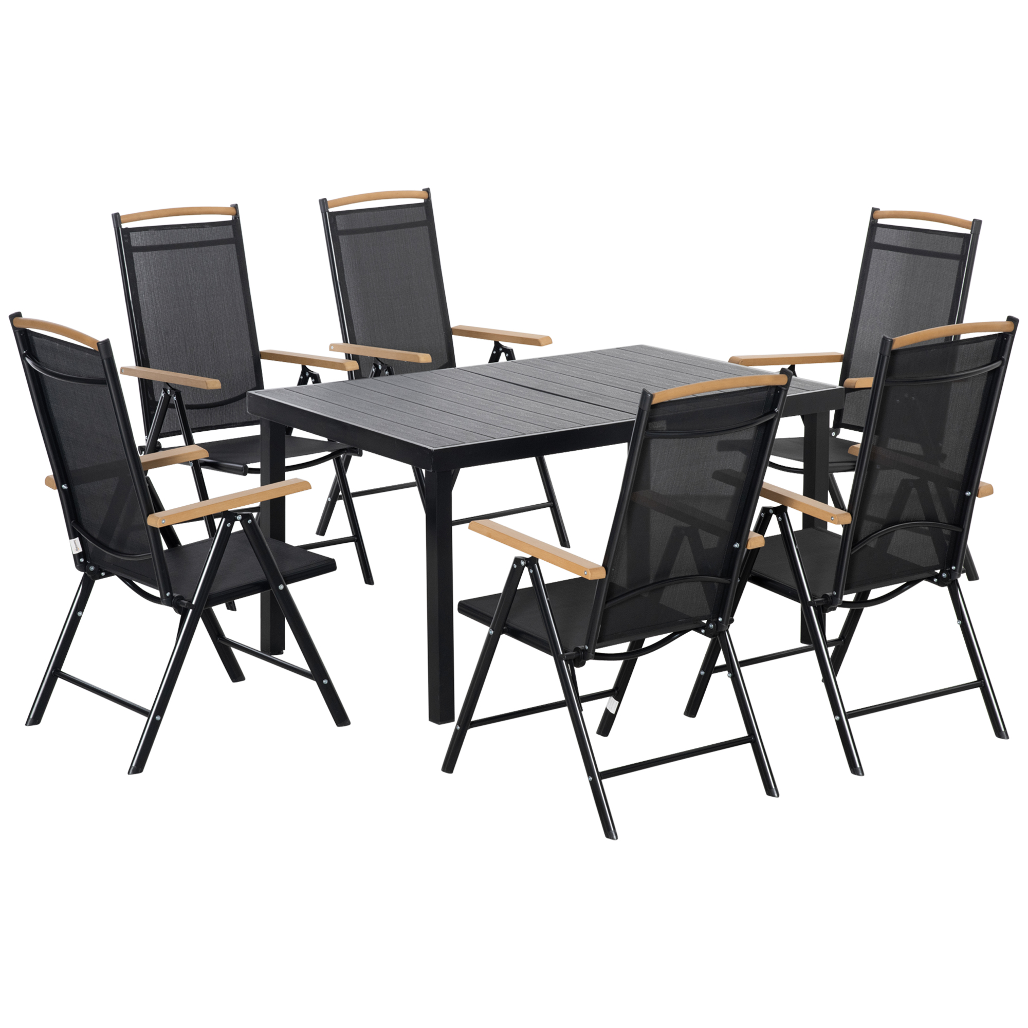 Outsunny Salon de jardin extérieur 6 personnes, cadre en aluminium, table 140 cm, 6 chaises pliables et inclinables, noir Outsunny Salon de jardin extérieur 6 personnes, cadre en aluminium, table 140 cm, 6 chaises pliables et inclinables, noir
