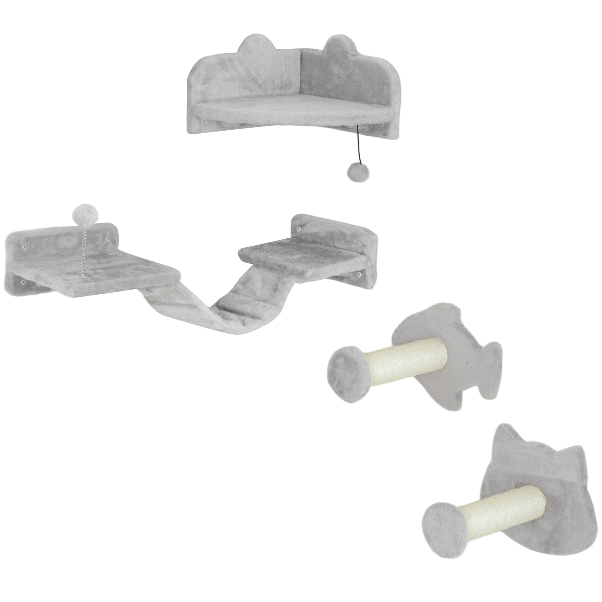 PawHut 4-Piece Cat Shelves w/ Scratching Post, Steps, Jumping Platform, Ladder, Toy Balls, for Indoor Cats, Light Grey