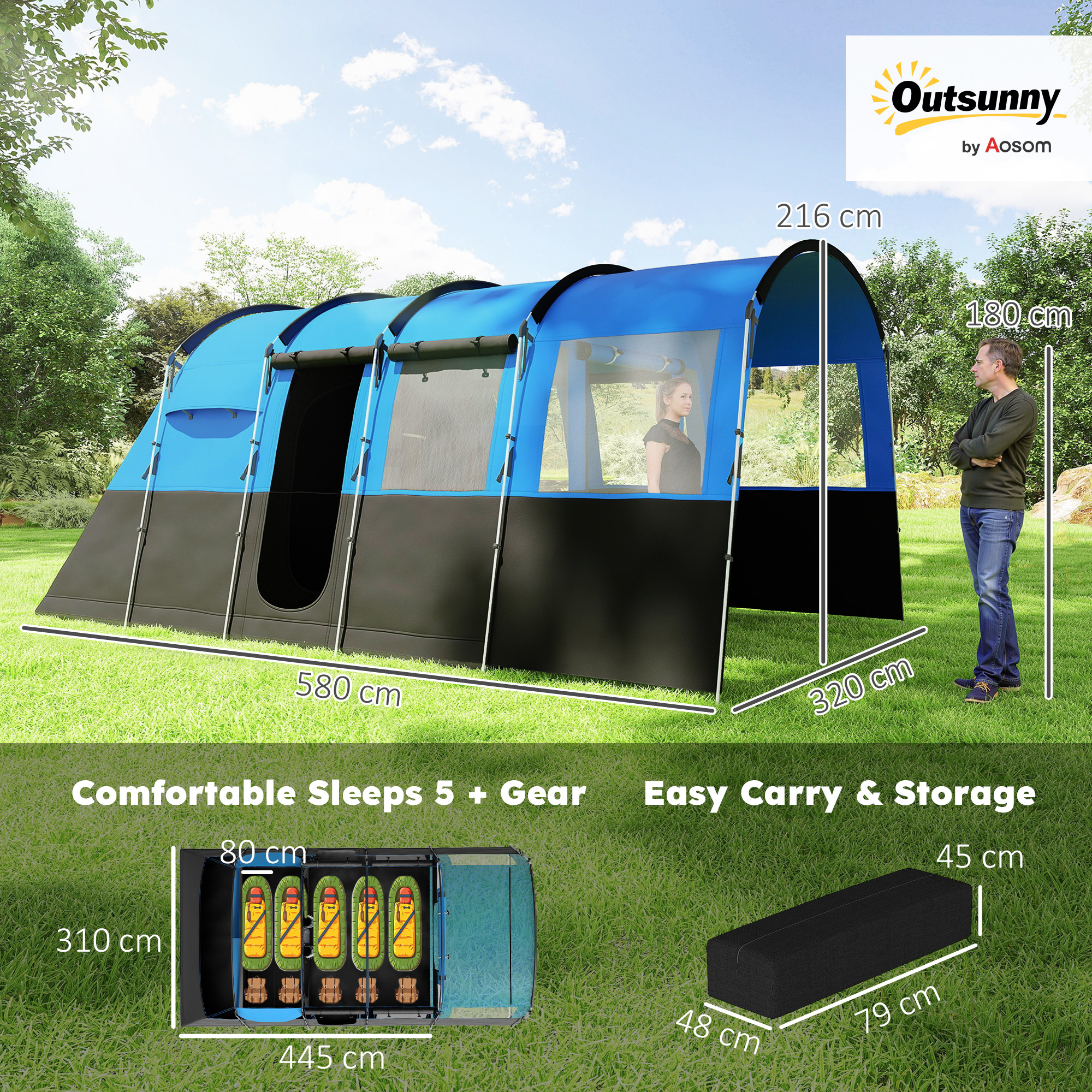 Outsunny 4-Person Camping Tent, Waterproof Family Tent, Tunnel Design, 4 Large Windows, Sleeping Cabins 3000mm Water Column Blue 3