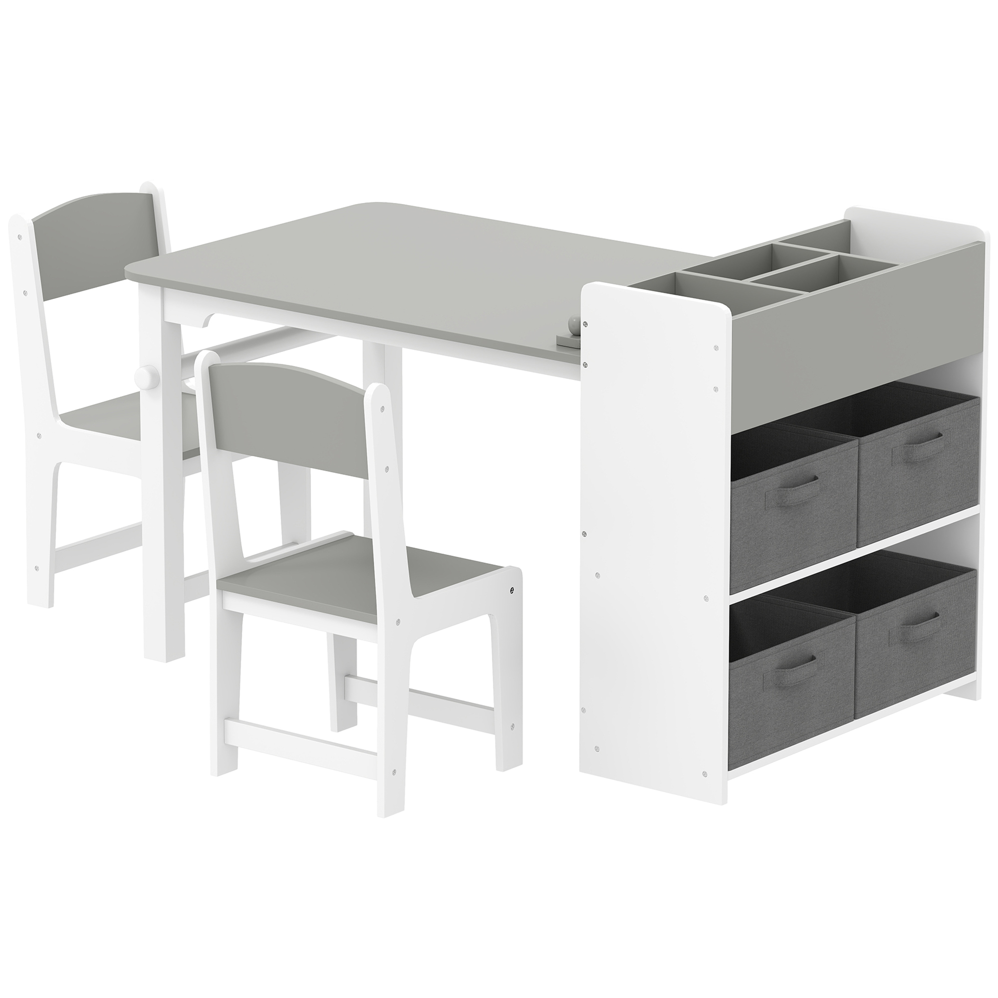 AIYAPLAY Ensemble table et 2 chaises enfant en bois avec rouleau de papier, étagères et tiroirs, pour fille garçon 3-8 ans, gris