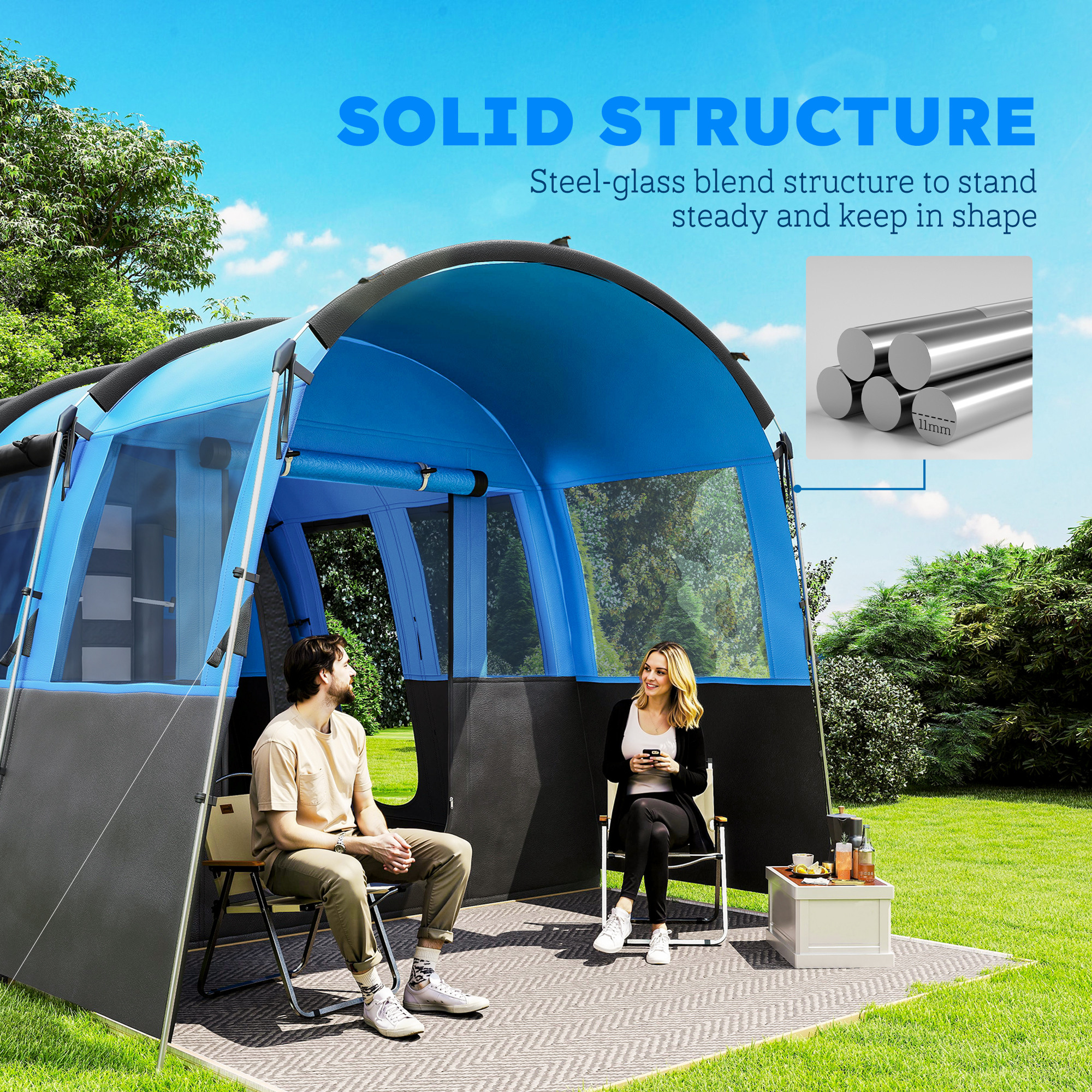 Outsunny 4-Person Camping Tent, Waterproof Family Tent, Tunnel Design, 4 Large Windows, Sleeping Cabins 3000mm Water Column Blue 7