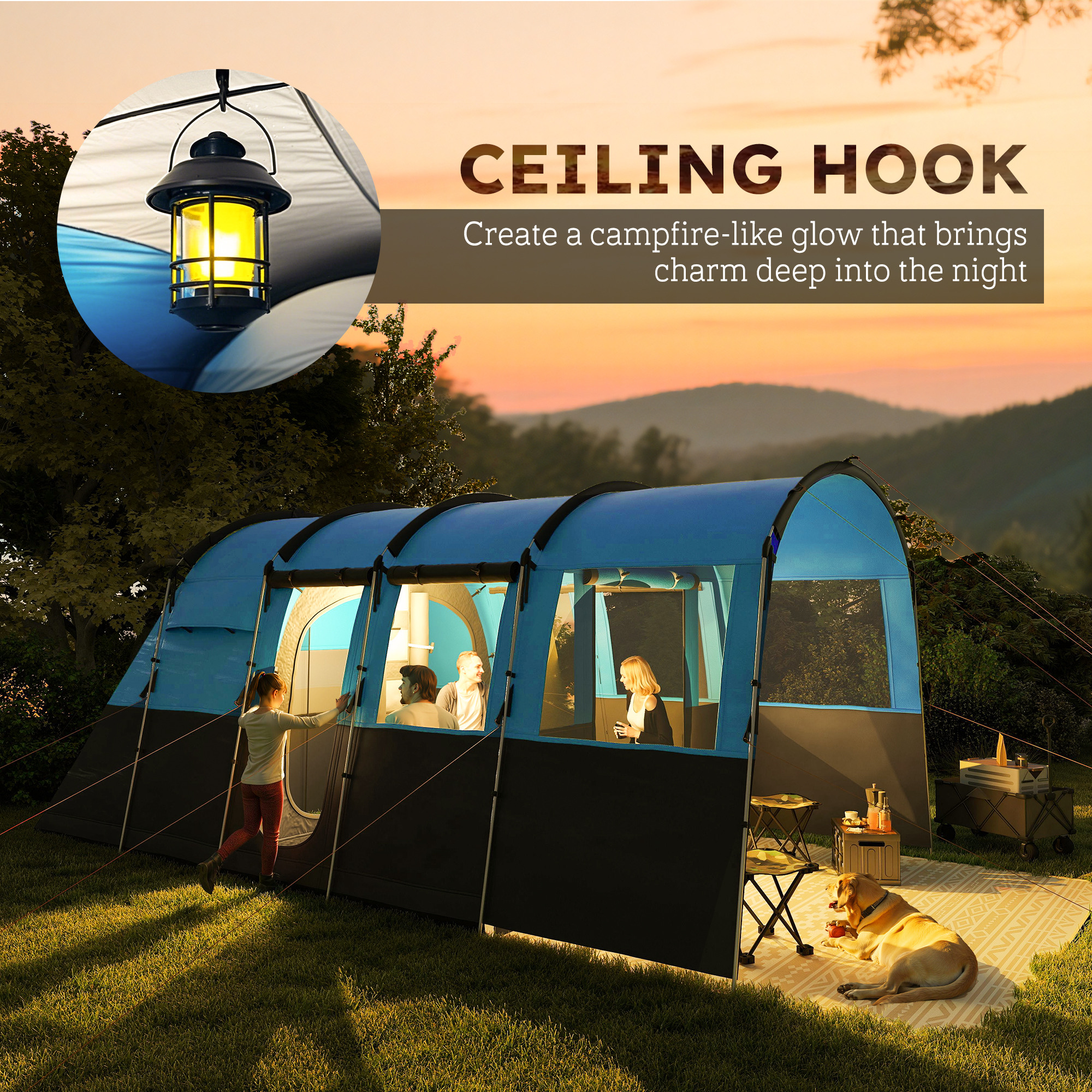 Outsunny 4-Person Camping Tent, Waterproof Family Tent, Tunnel Design, 4 Large Windows, Sleeping Cabins 3000mm Water Column Blue 9