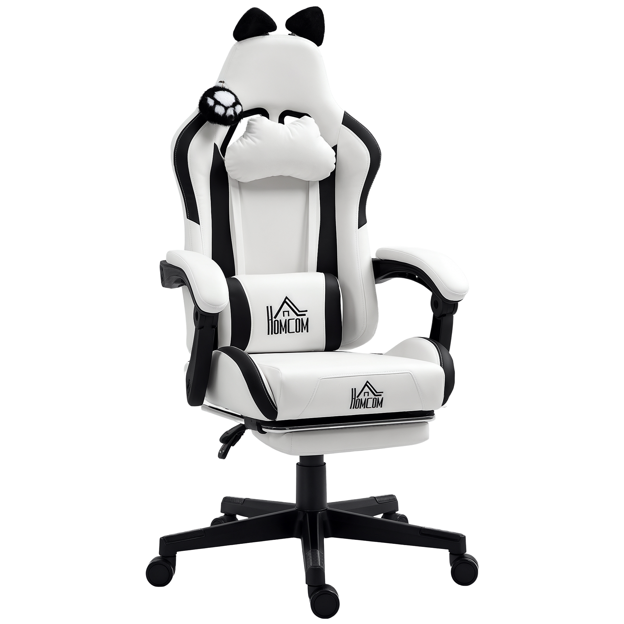HOMCOM Silla Gamer Reclinable con Altura Ajustable Reposapiés Retráctil Soporte Lumbar y Reposacabezas Desmontable Blanco