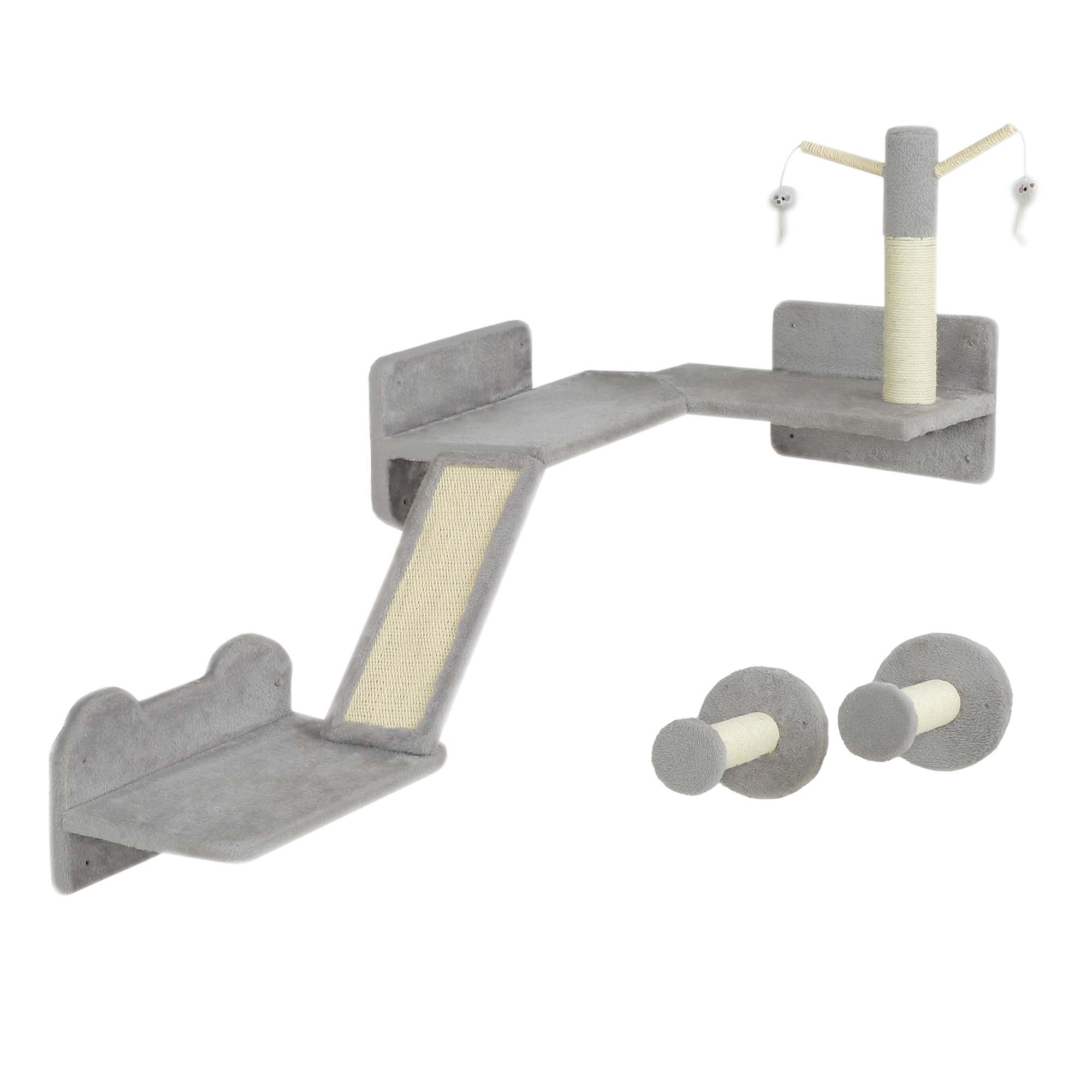 PawHut 4-Piece Cat Wall Shelves with Steps, Ladder, Jumping Platforms, Light Grey